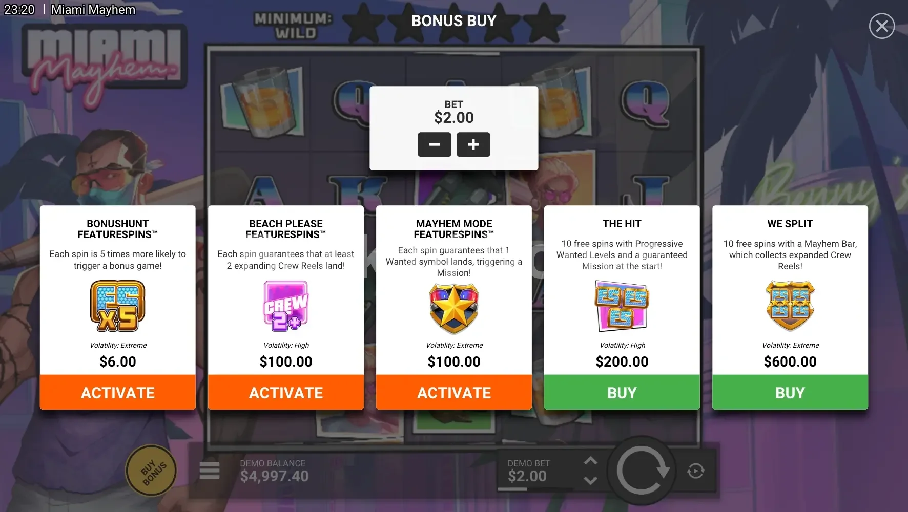 Miami Mayhem par Hacksaw Gaming - menu d'achat de bonus et options