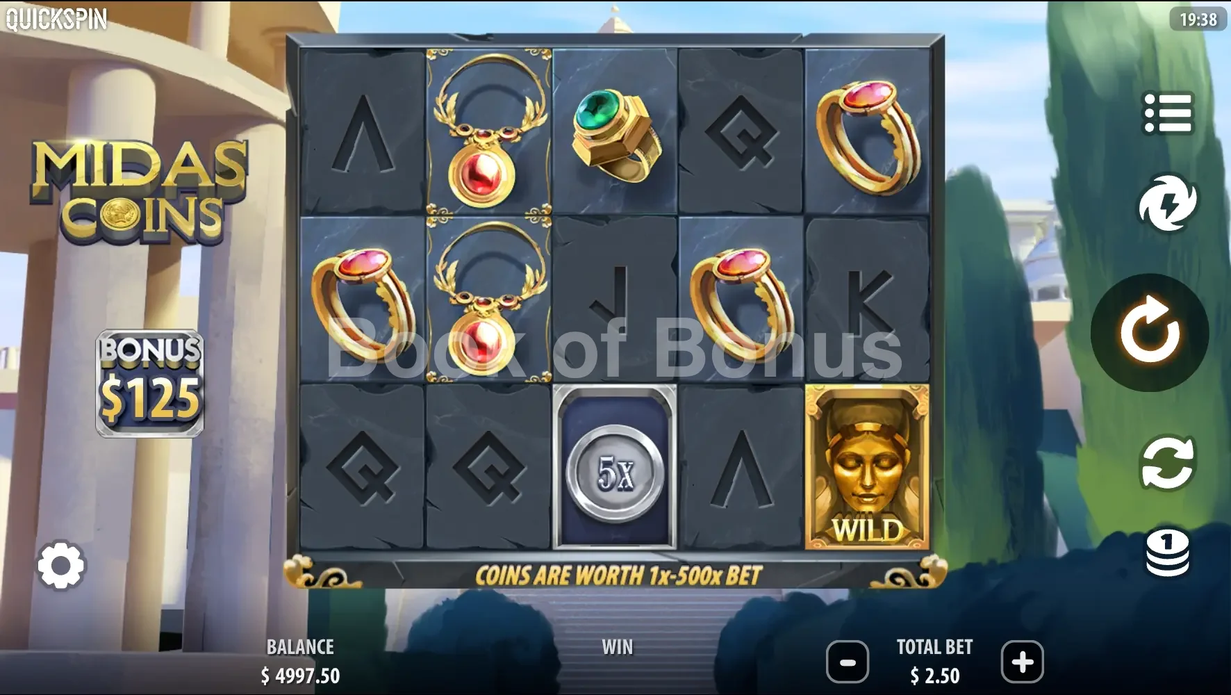 Midas Coins par Quickspin - jeu de base et disposition des rouleaux