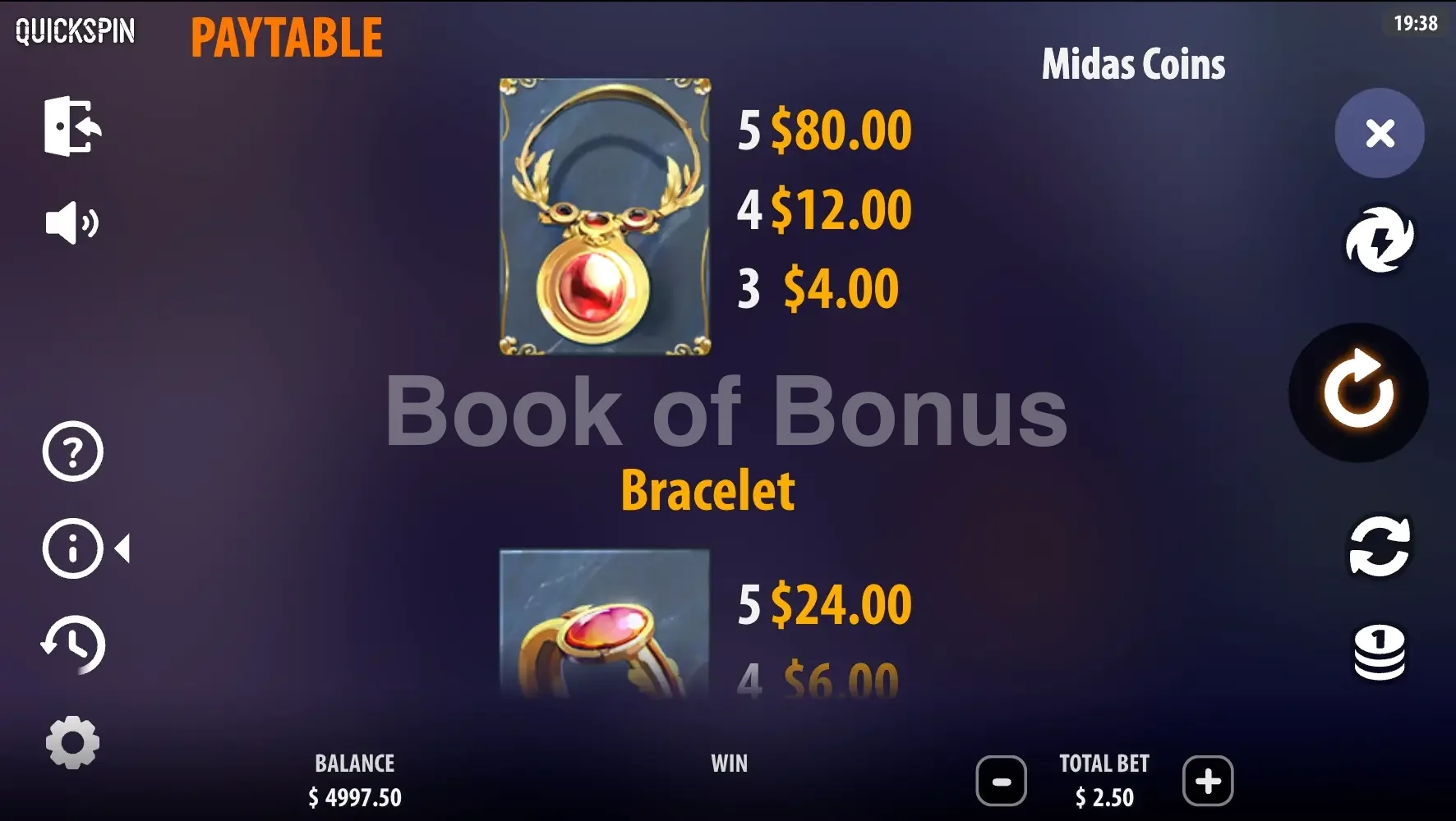 Midas Coins par Quickspin - table des gains et valeurs des symboles