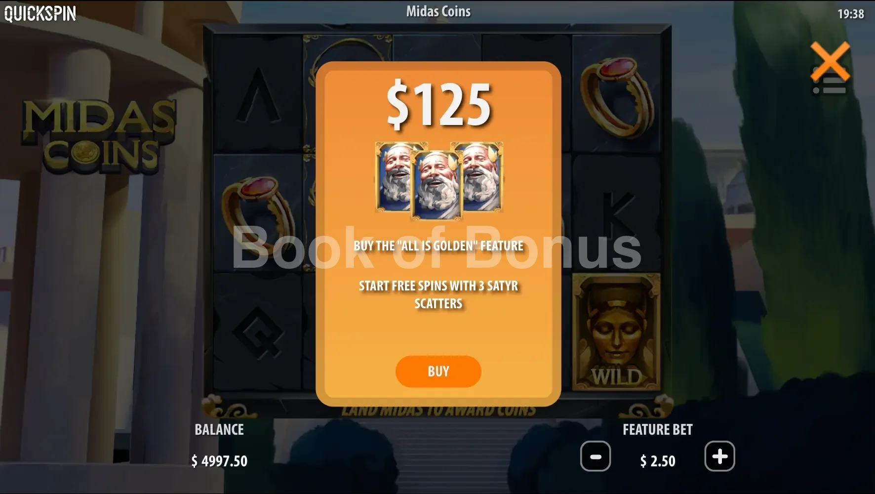 Midas Coins par Quickspin - menu d'achat de bonus et options