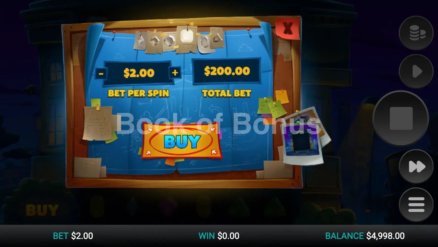 Midnight Marauder par Relax Gaming - menu d'achat de bonus et options