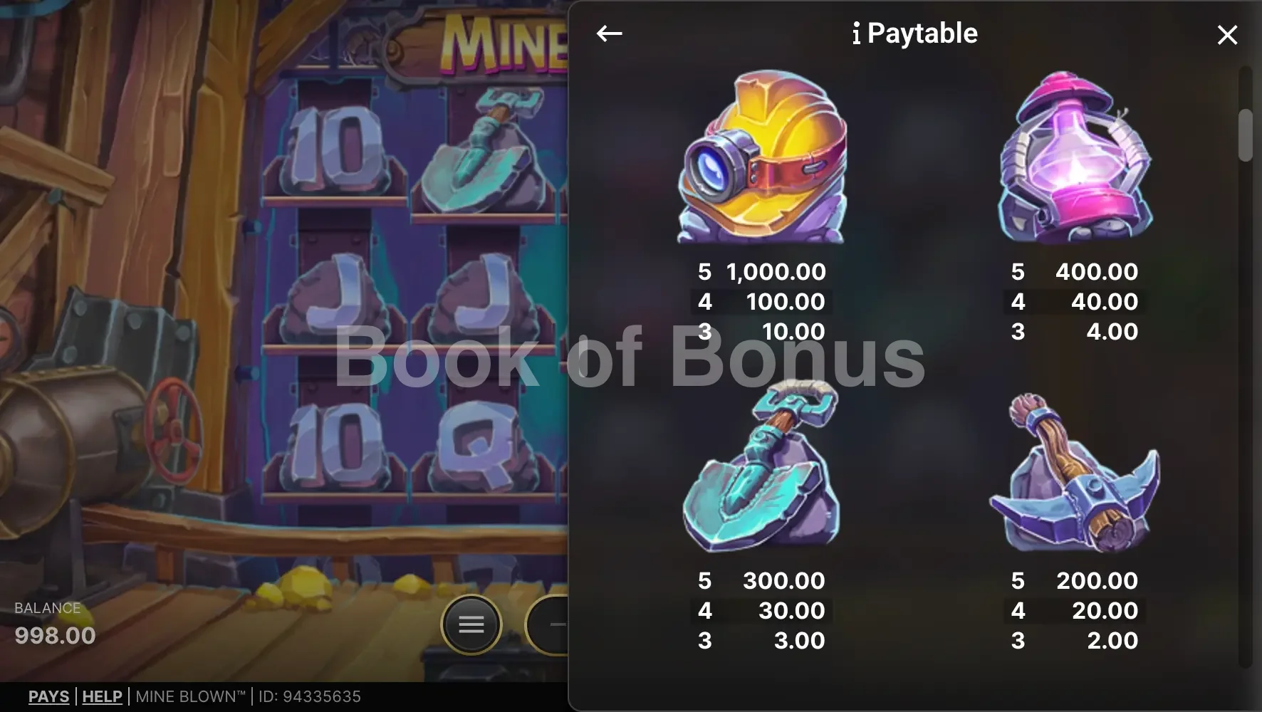 Mine Blown par NetEnt - table des gains et valeurs des symboles