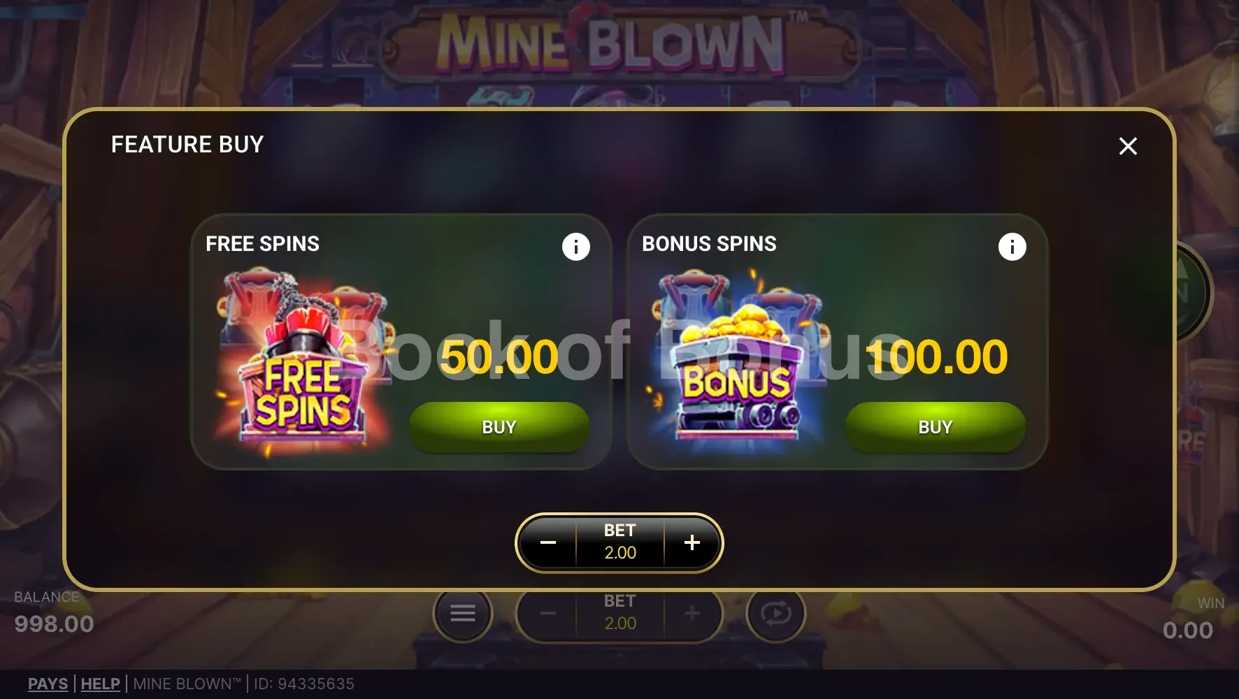 Mine Blown par NetEnt - menu d'achat de bonus et options