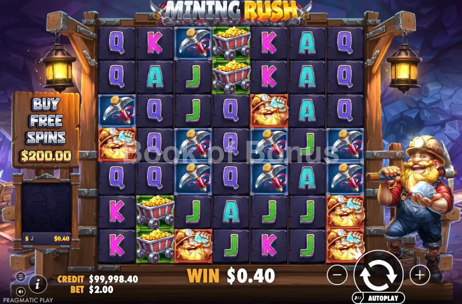 Mining Rush par Pragmatic Play - jeu de base et disposition des rouleaux