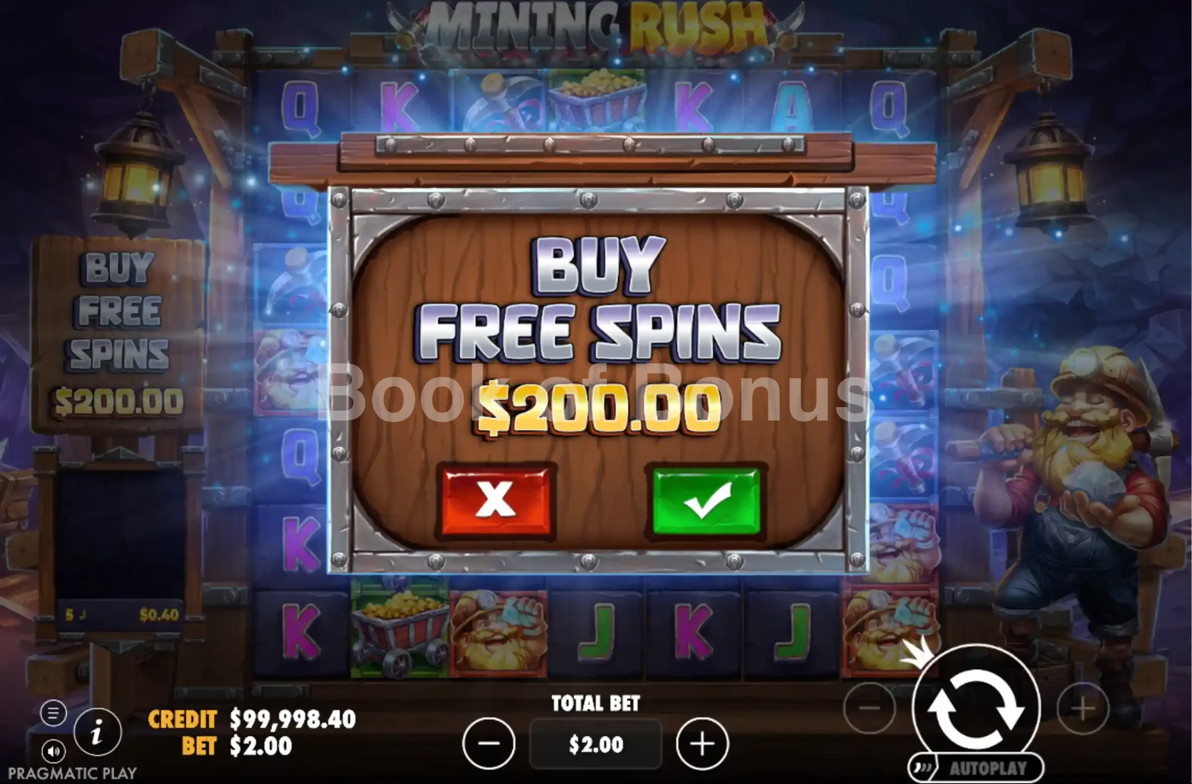 Mining Rush par Pragmatic Play - menu d'achat de bonus et options