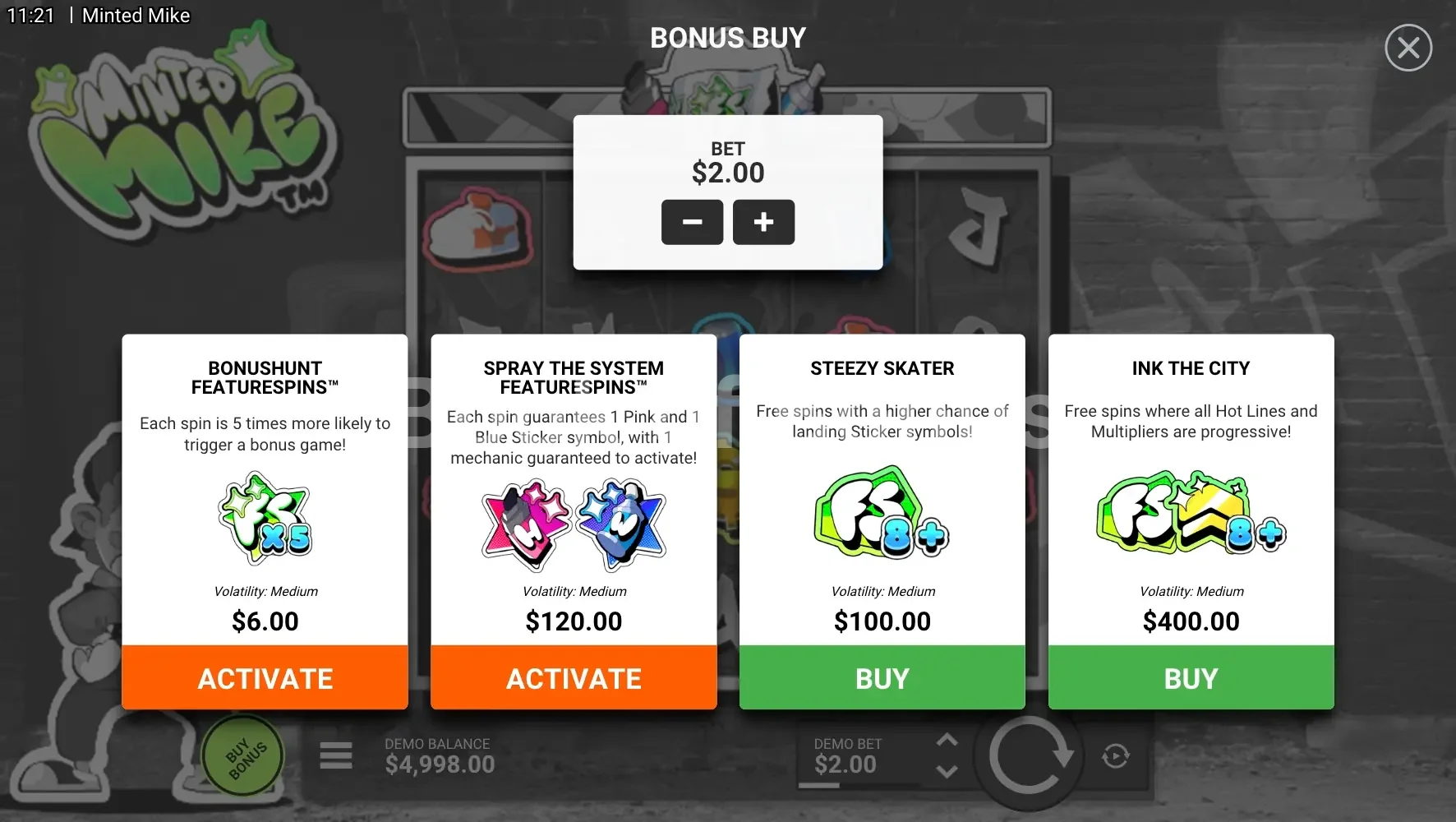 Minted Mike par Hacksaw Gaming - menu d'achat de bonus et options