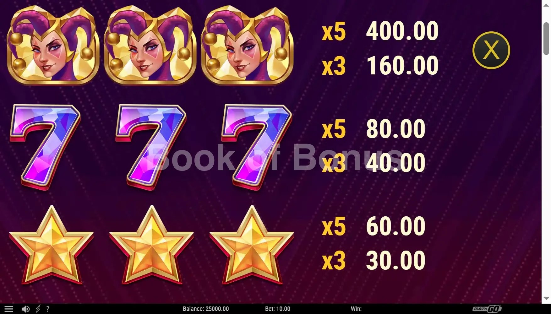 Mirror Joker par Play'n GO - table des gains et valeurs des symboles