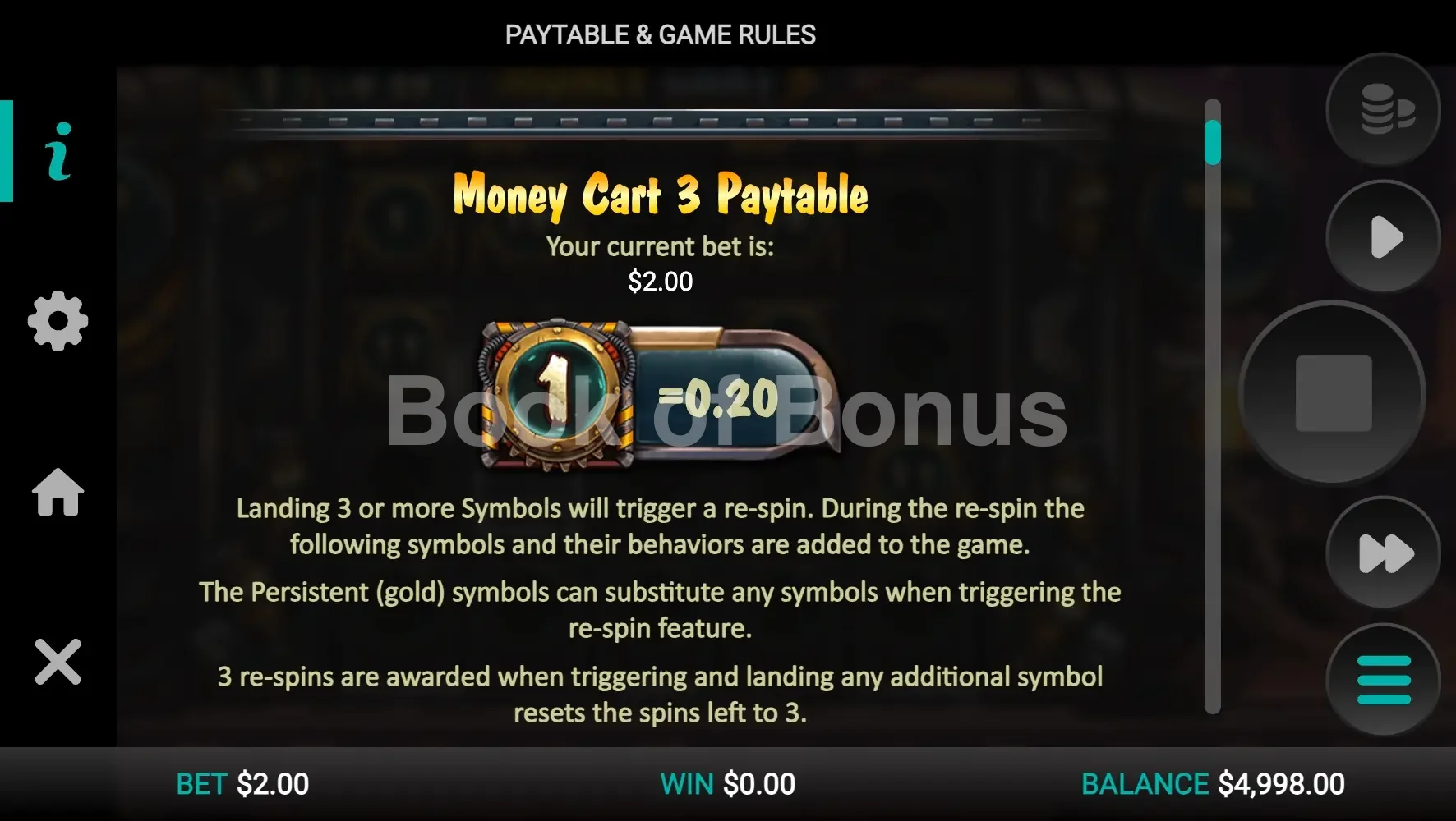 Money Cart 3 par Relax Gaming - table des gains et valeurs des symboles