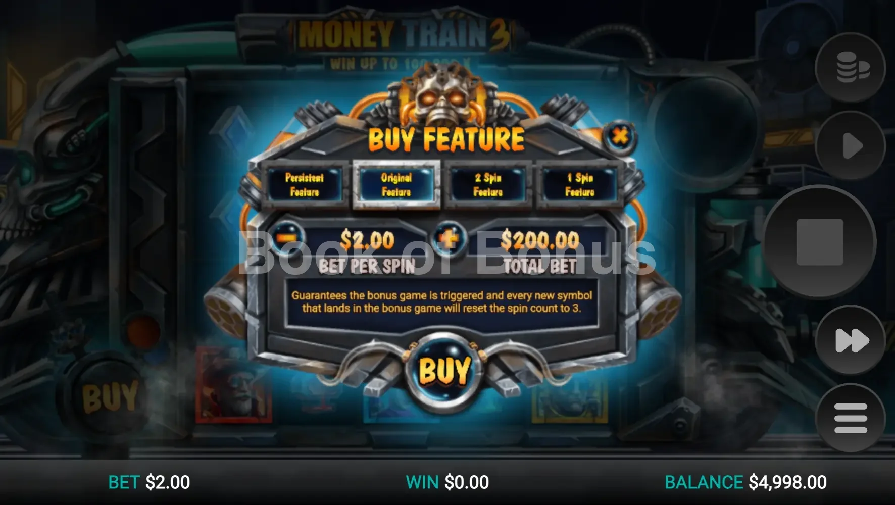 Money Train 3 par Relax Gaming - menu d'achat de bonus et options