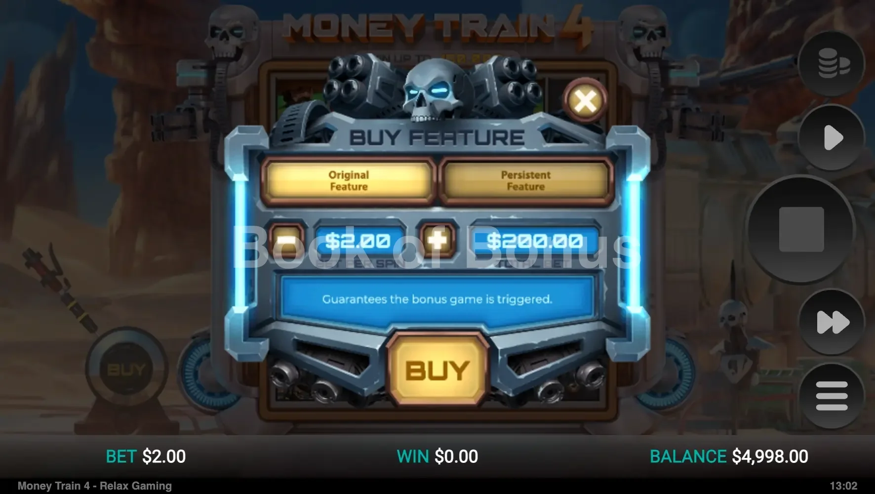 Money Train 4 par Relax Gaming - menu d'achat de bonus et options