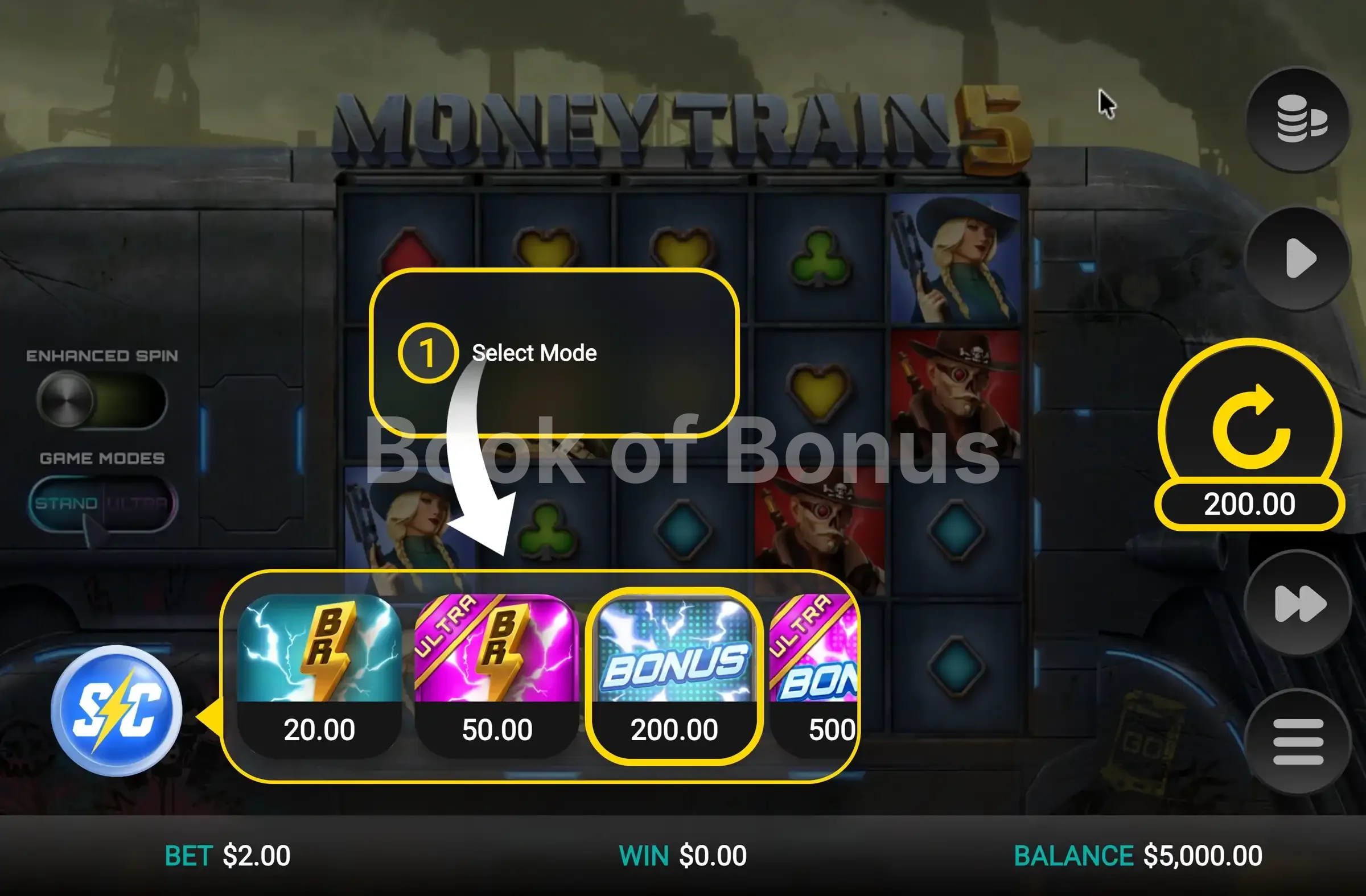 Money Train 5 par Relax Gaming - menu d'achat de bonus et options