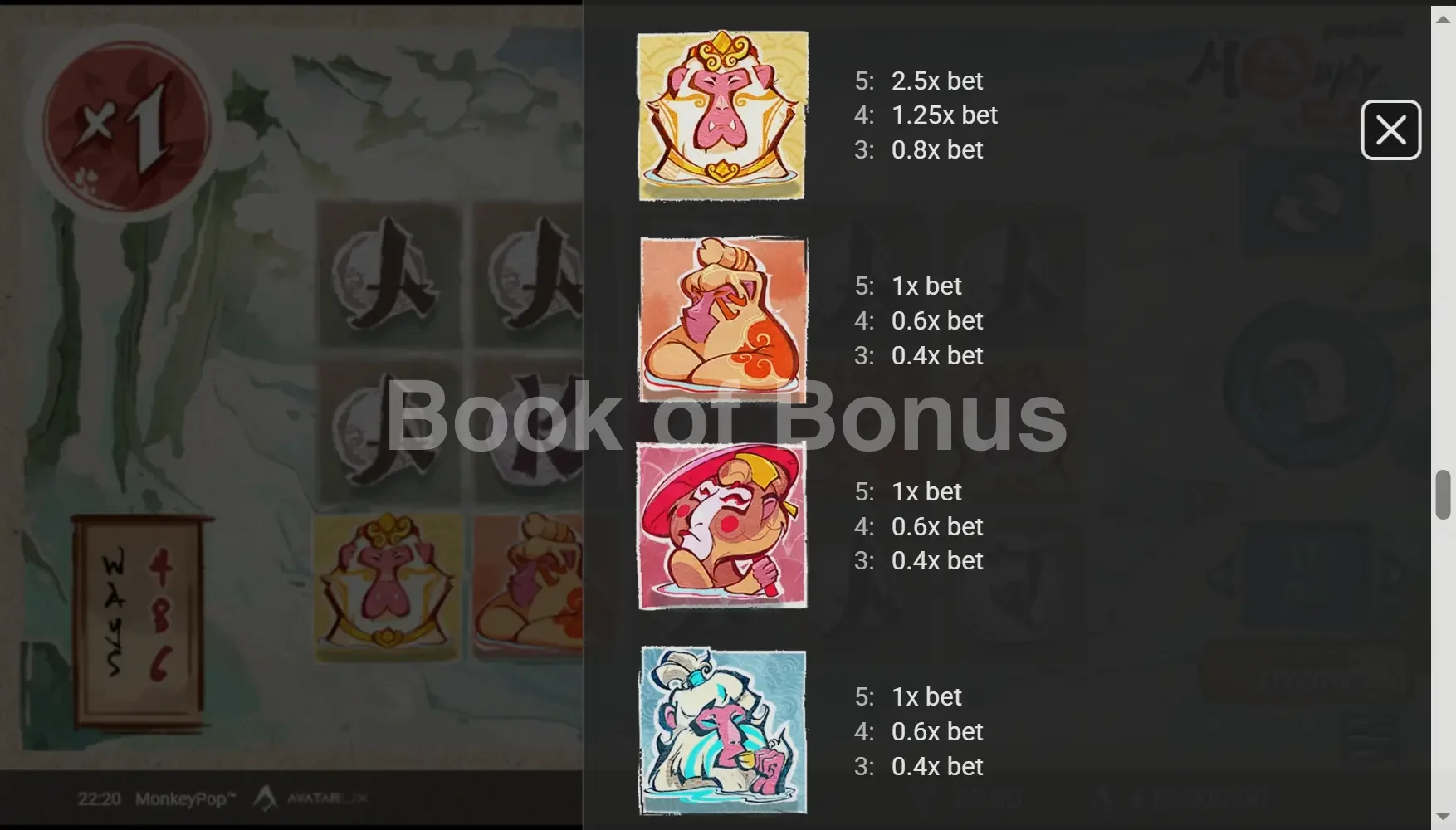 MonkeyPop par Avatar UX - table des gains et valeurs des symboles