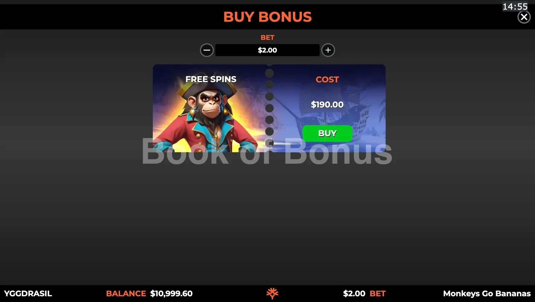 Monkeys Go Bananas MultiMax par Yggdrasil - menu d'achat de bonus et options
