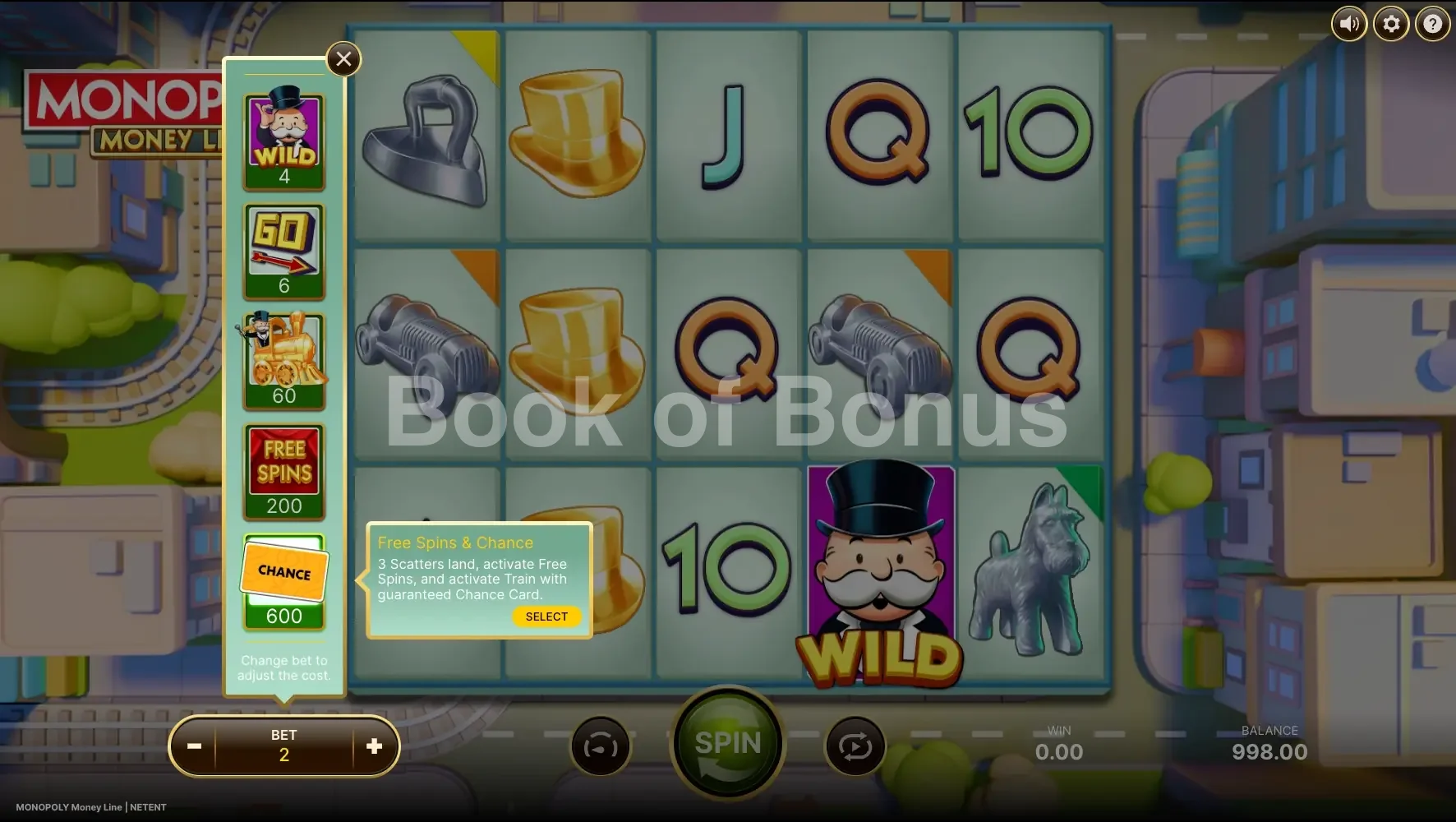 Monopoly Money Line par NetEnt - menu d'achat de bonus et options