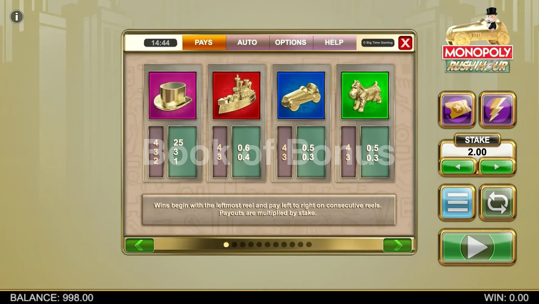 Monopoly Rush Hour par Big Time Gaming - table des gains et valeurs des symboles