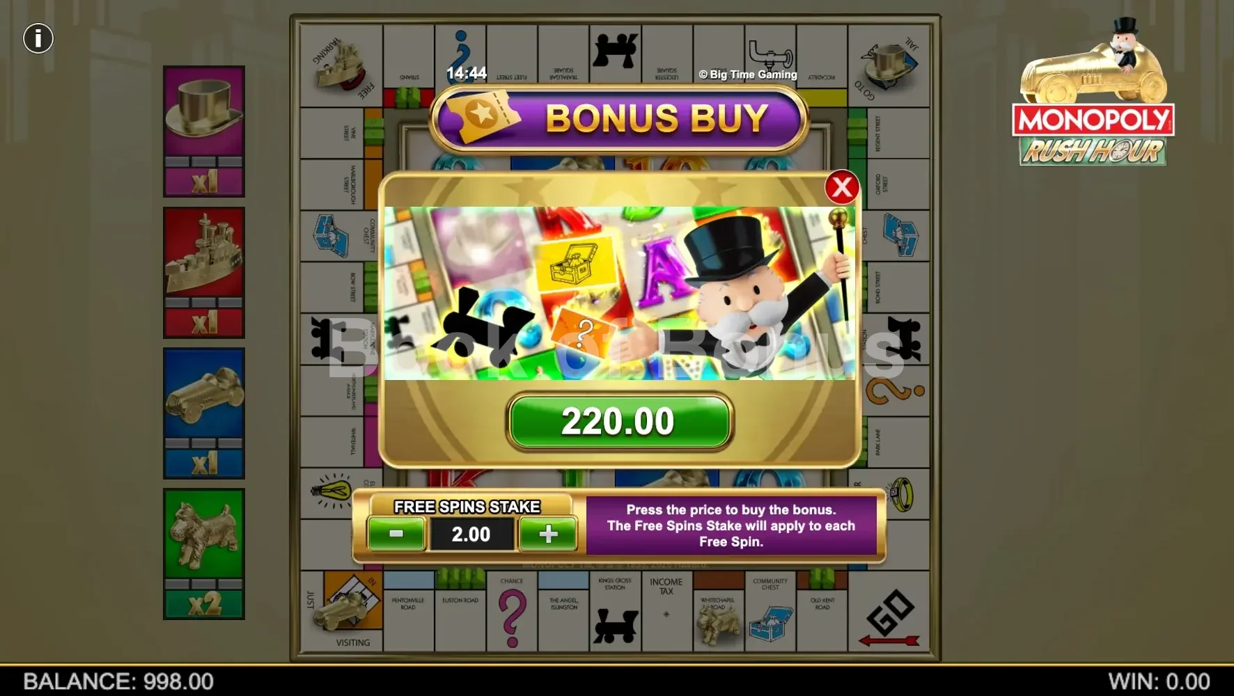 Monopoly Rush Hour par Big Time Gaming - menu d'achat de bonus et options