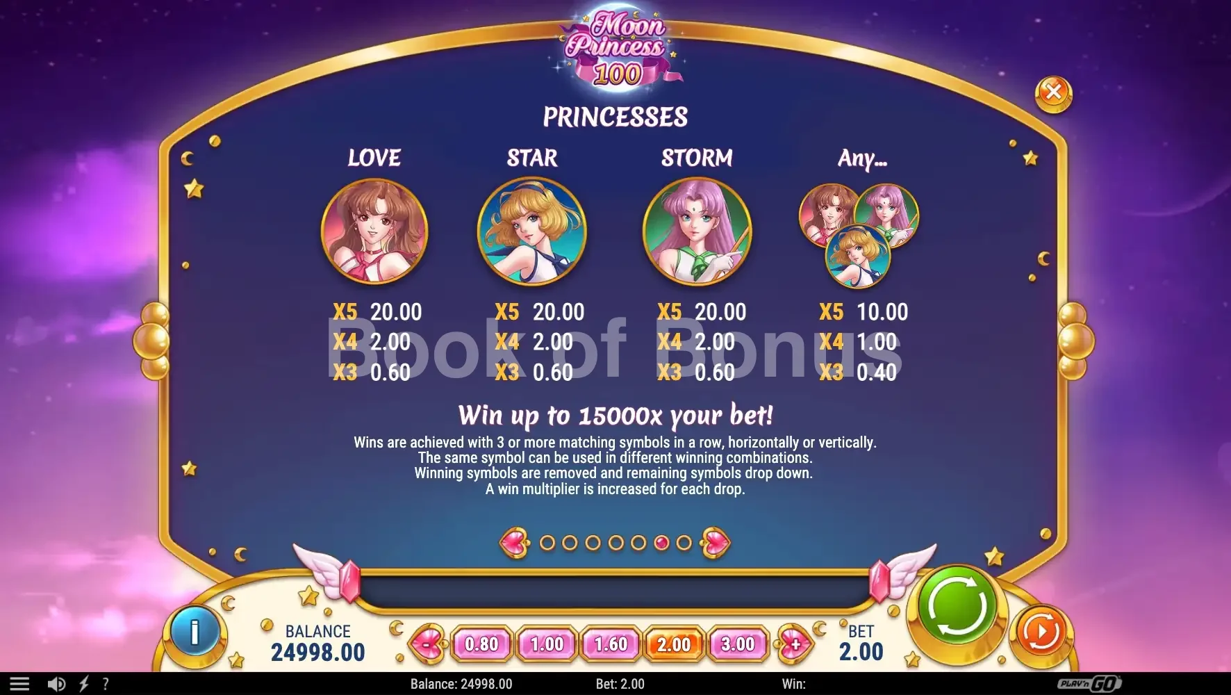 Moon Princess 100 par Play'n GO - table des gains et valeurs des symboles
