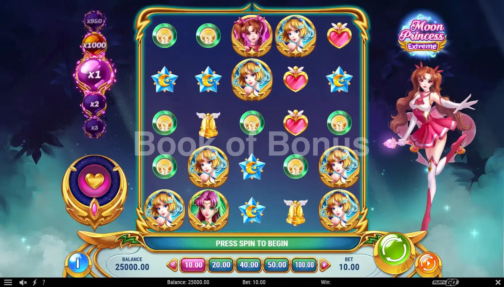Moon Princess Extreme par Play'n GO - jeu de base et disposition des rouleaux