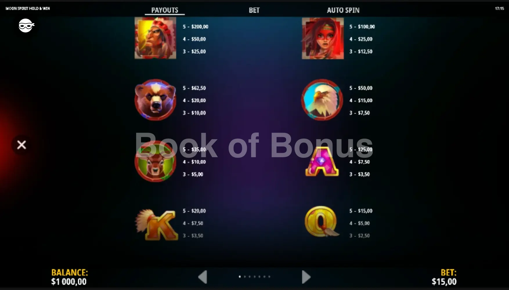 Moon Spirit Hold & Win par iSoftBet - table des gains et valeurs des symboles