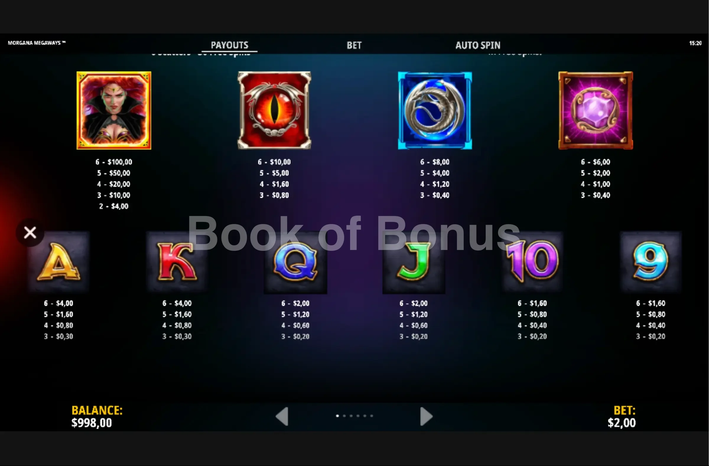 Morgana Megaways par iSoftBet - table des gains et valeurs des symboles