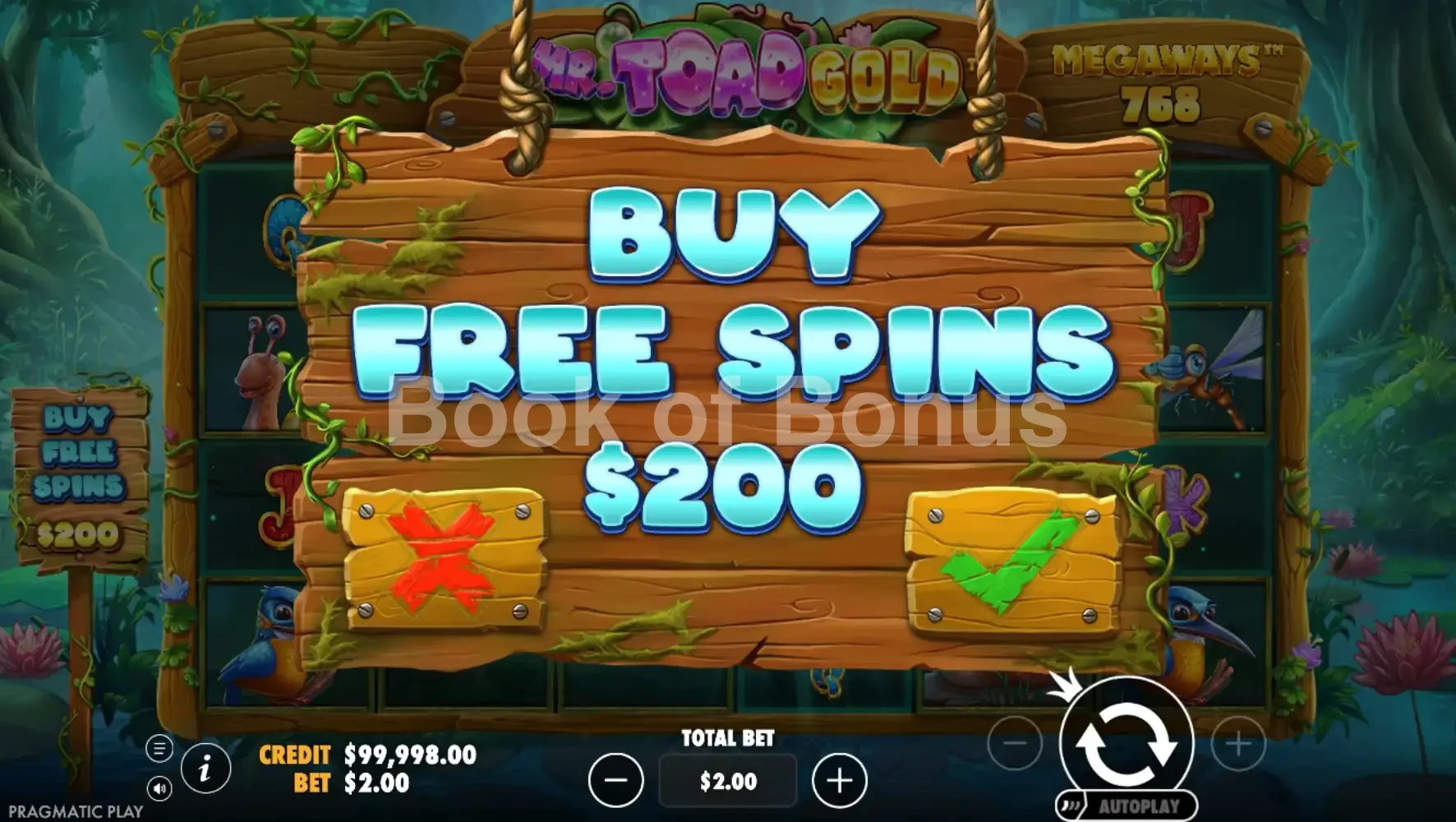 Mr Toad Gold Megaways par Pragmatic Play - menu d'achat de bonus et options