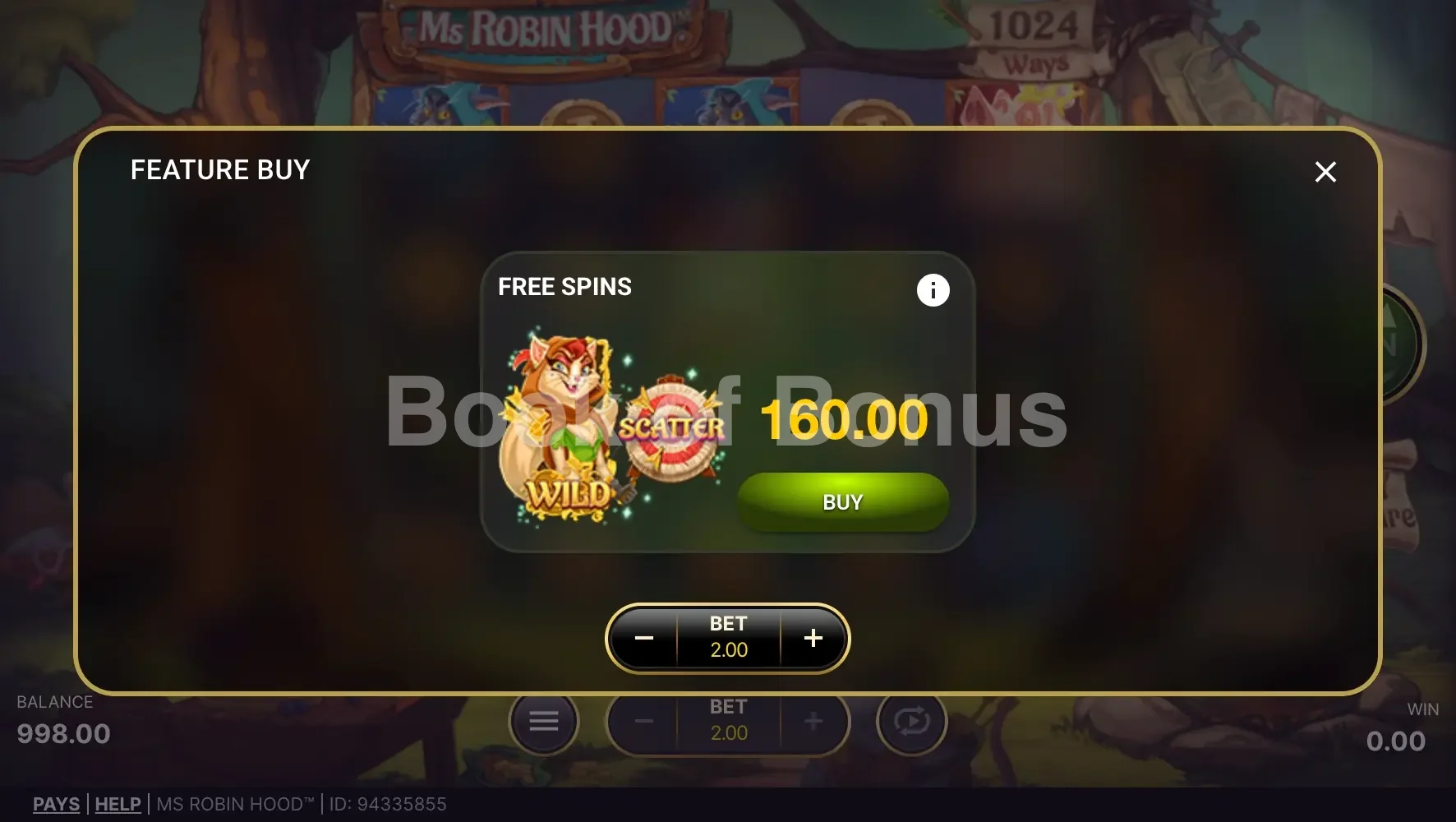 Ms Robin Hood par NetEnt - menu d'achat de bonus et options