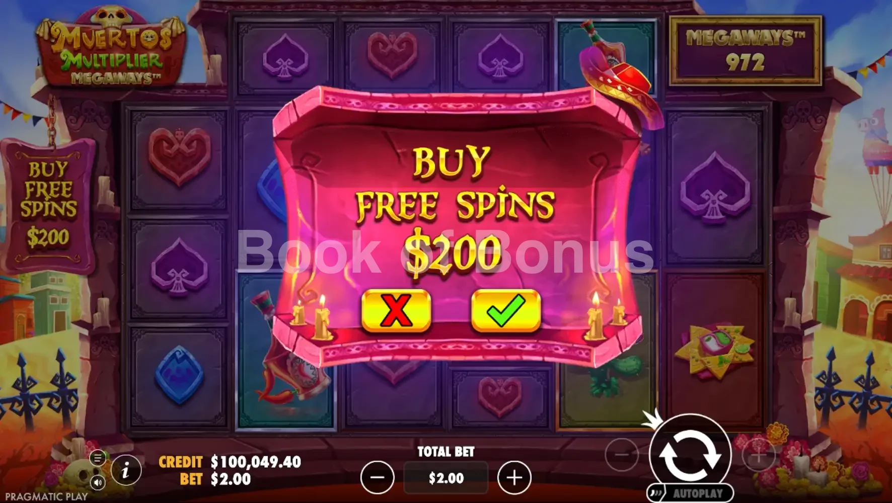 Muertos Multiplier Megaways par Pragmatic Play - menu d'achat de bonus et options