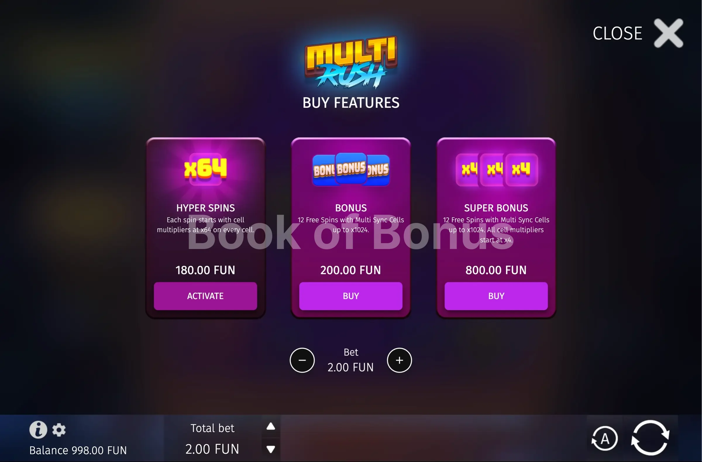 Multi Rush par BGaming - menu d'achat de bonus et options