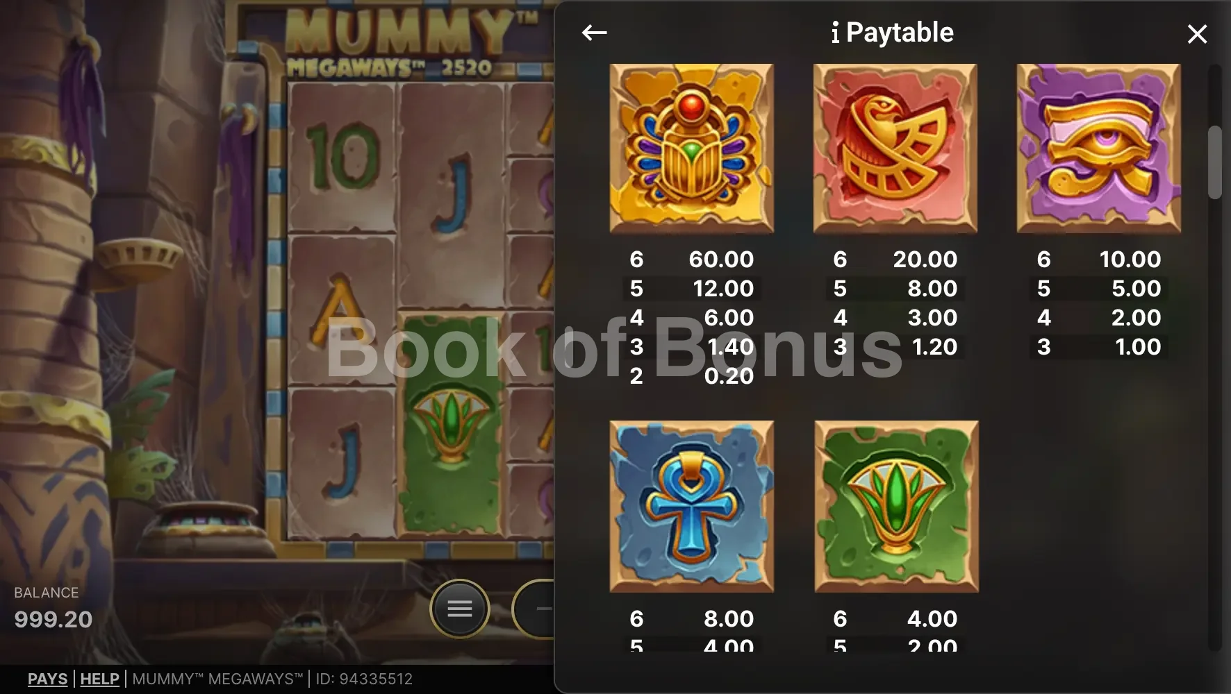 Mummy Megaways par NetEnt - table des gains et valeurs des symboles