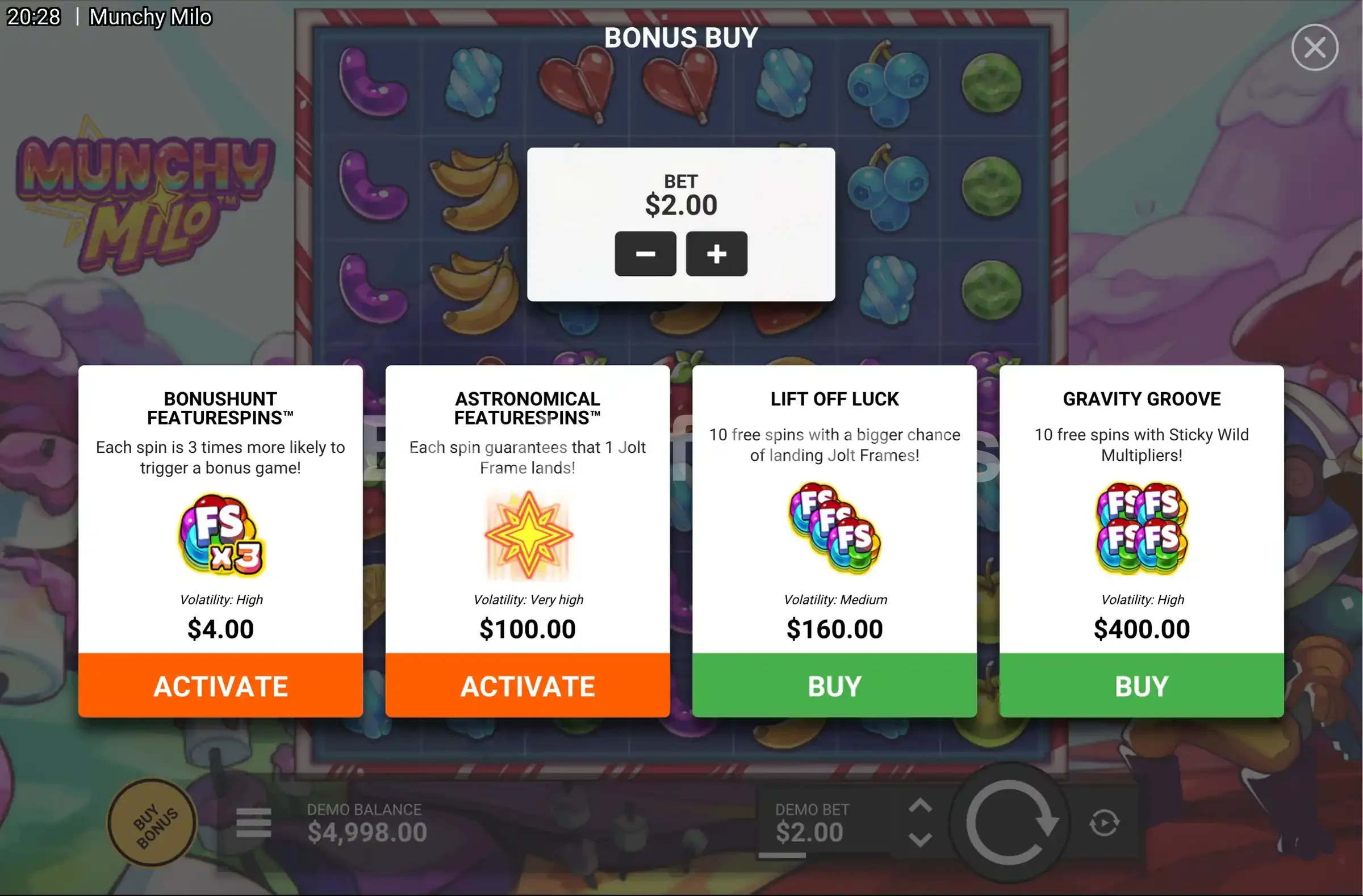 Munchy Milo par Hacksaw Gaming - menu d'achat de bonus et options