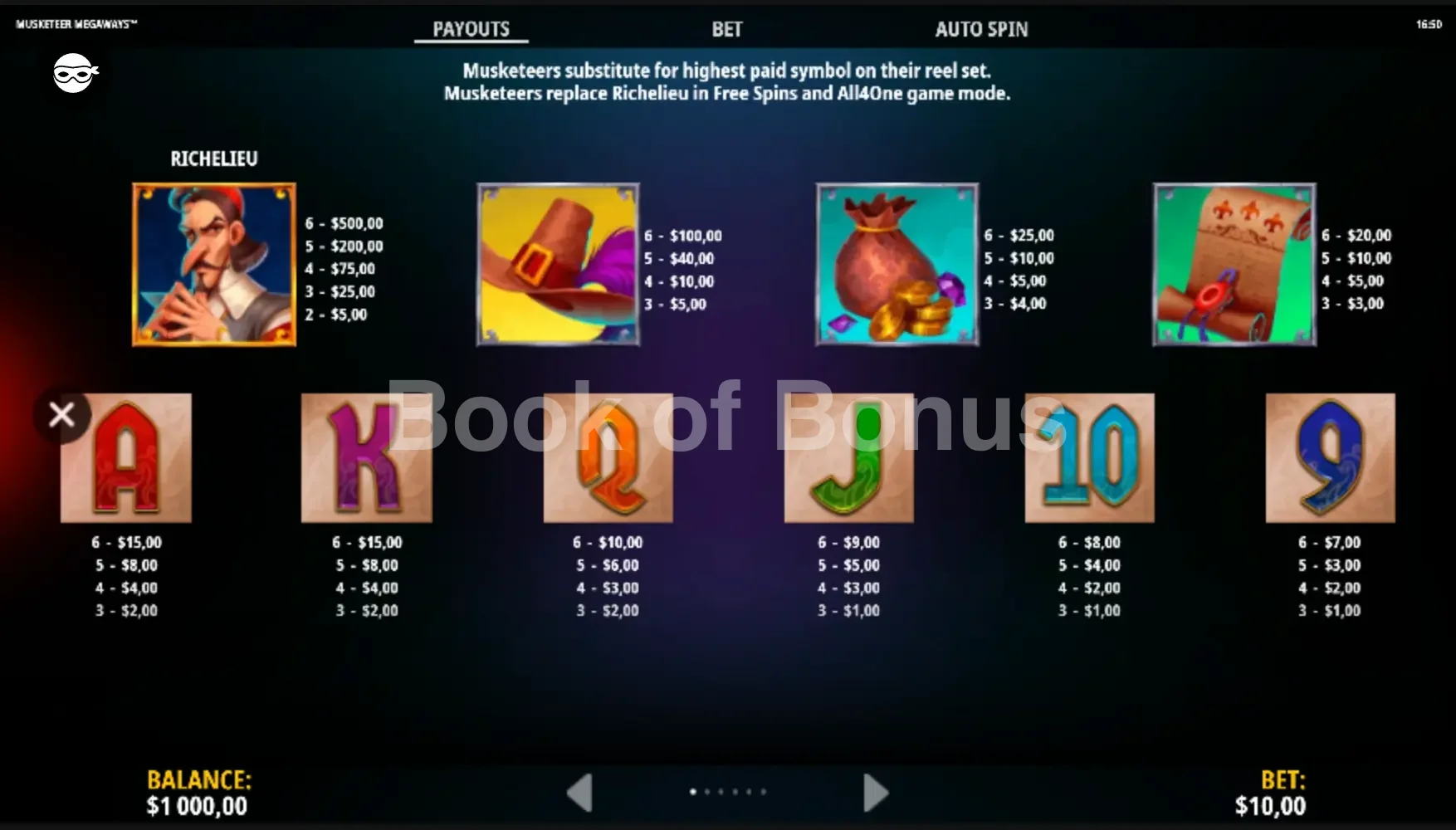 Tableau des paiements Musketeer Megaways