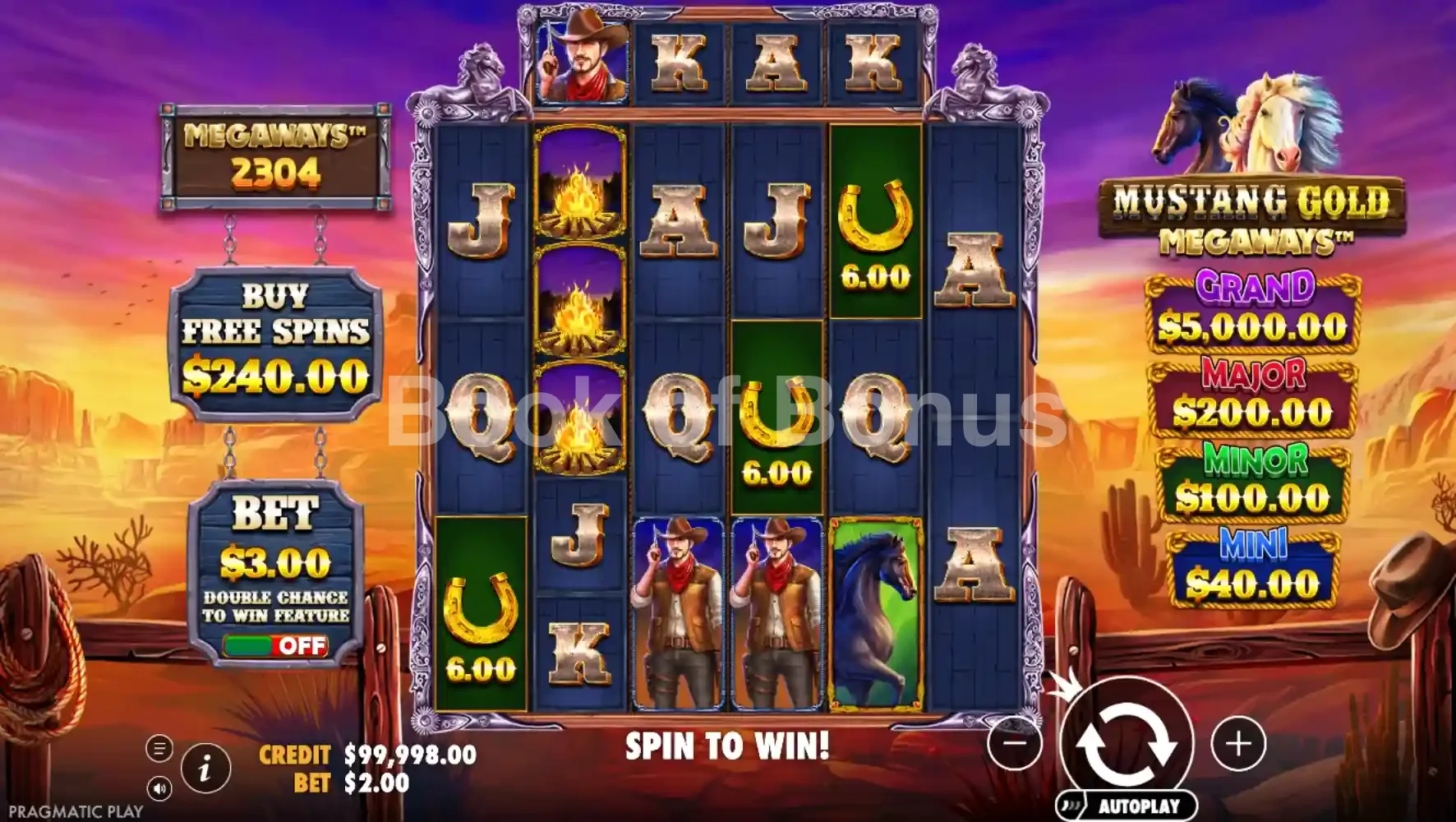 Mustang Gold Megaways par Pragmatic Play - jeu de base et disposition des rouleaux
