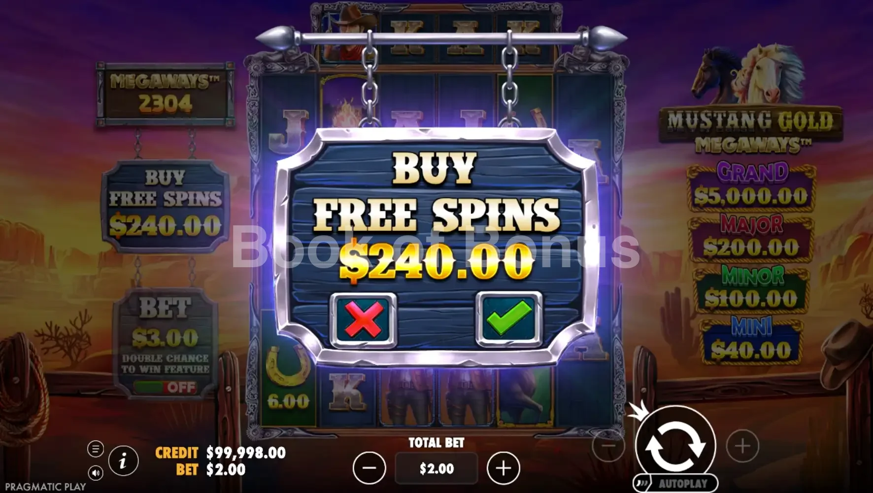 Mustang Gold Megaways par Pragmatic Play - menu d'achat de bonus et options