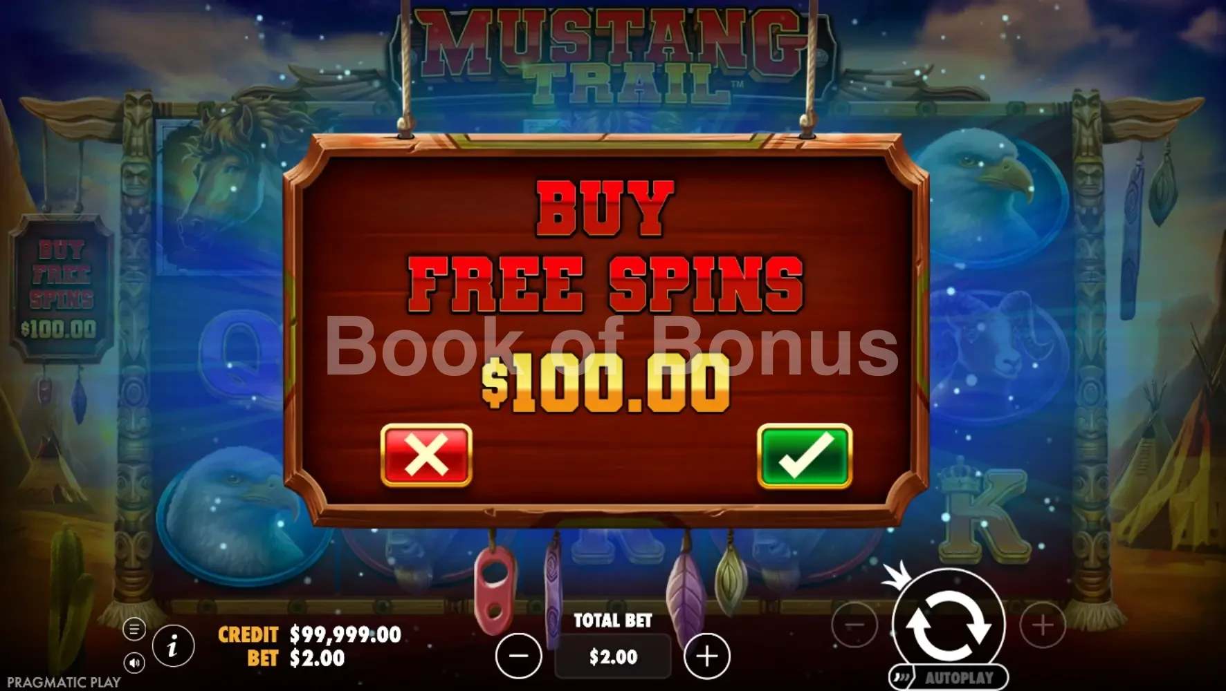 Mustang Trail par Pragmatic Play - menu d'achat de bonus et options