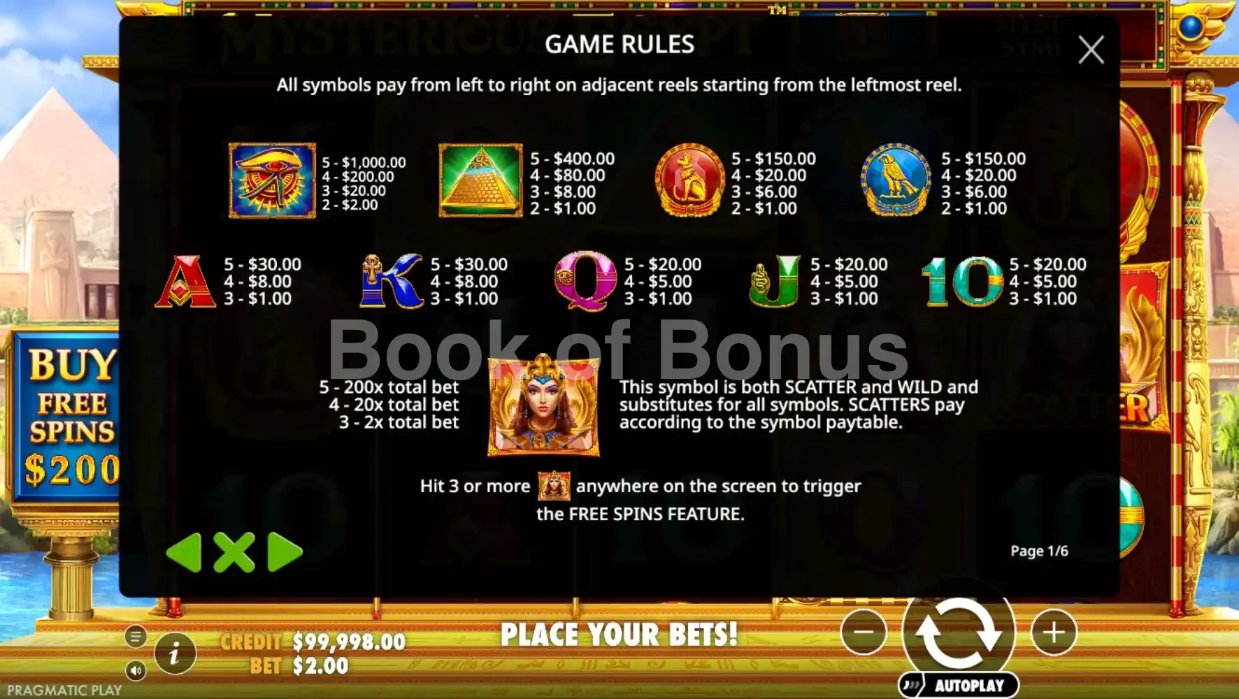 Mysterious Egypt par Pragmatic Play - table des gains et valeurs des symboles