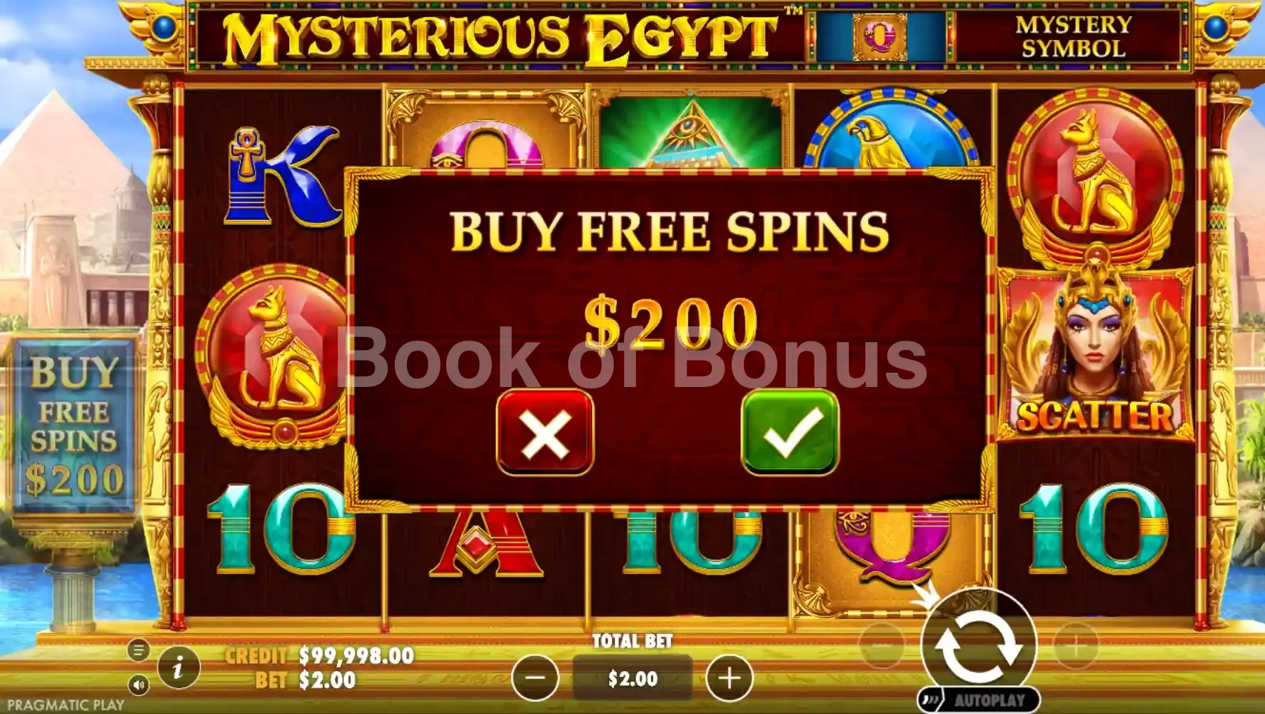 Mysterious Egypt par Pragmatic Play - menu d'achat de bonus et options