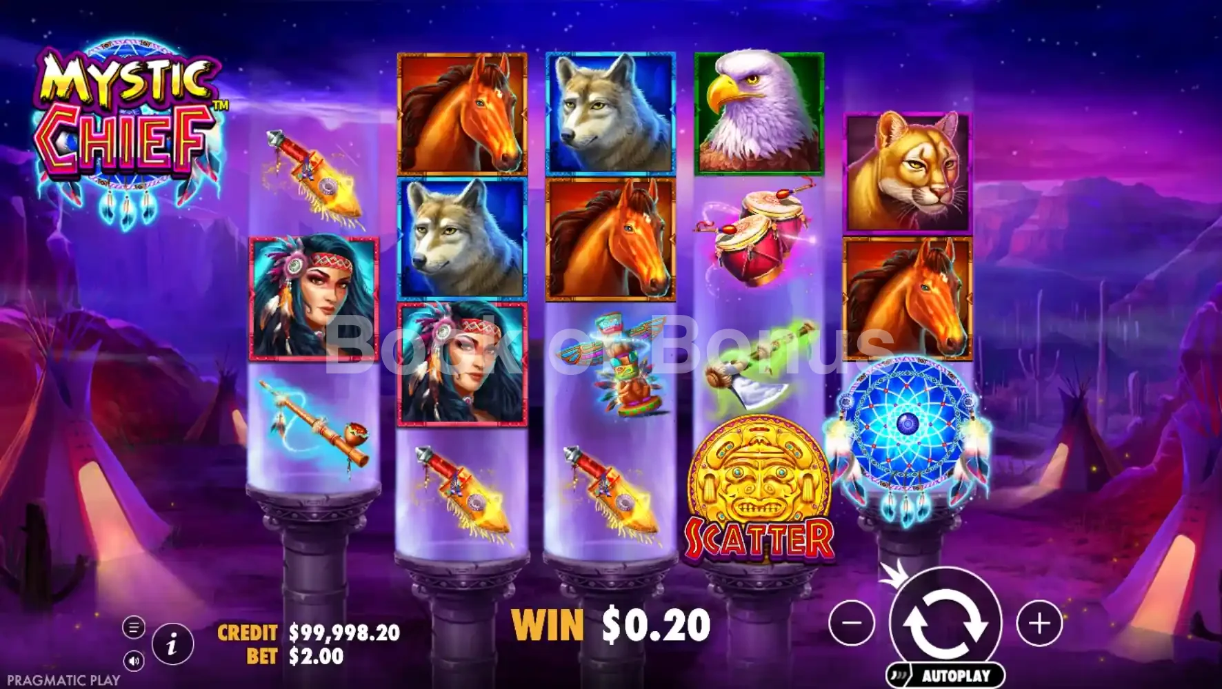 Mystic Chief par Pragmatic Play - jeu de base et disposition des rouleaux