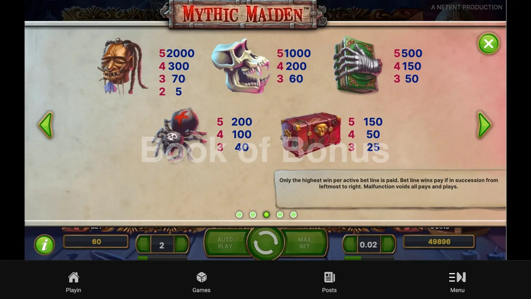 Mythic Maiden par NetEnt - table des gains et valeurs des symboles