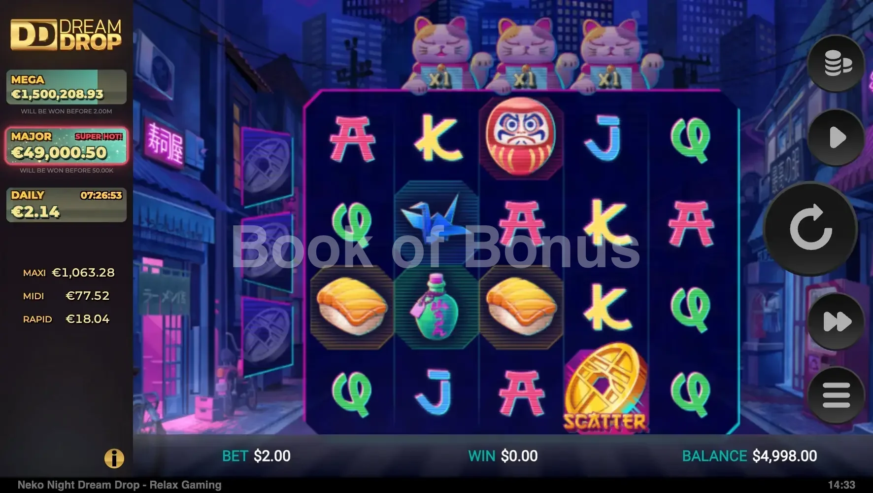 Neko Night Dream Drop par Relax Gaming - jeu de base et disposition des rouleaux