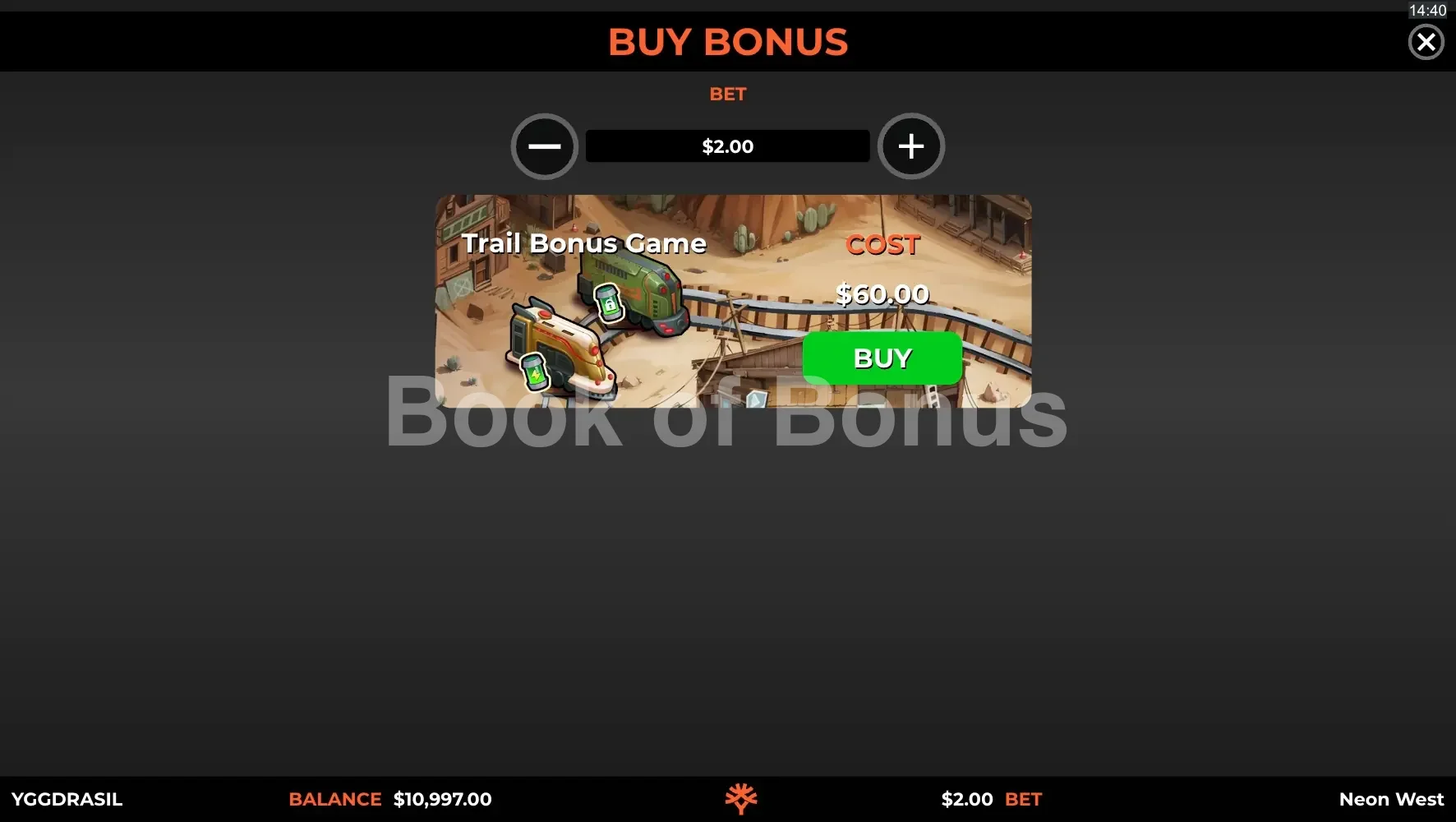 Neon West par Yggdrasil - menu d'achat de bonus et options