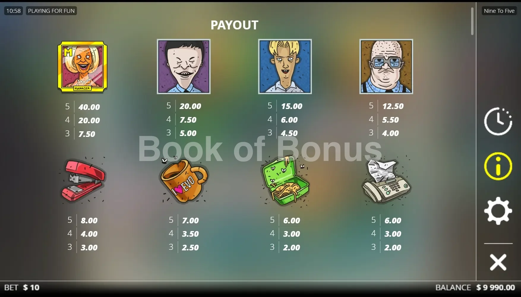 Nine To Five par Nolimit City - table des gains et valeurs des symboles