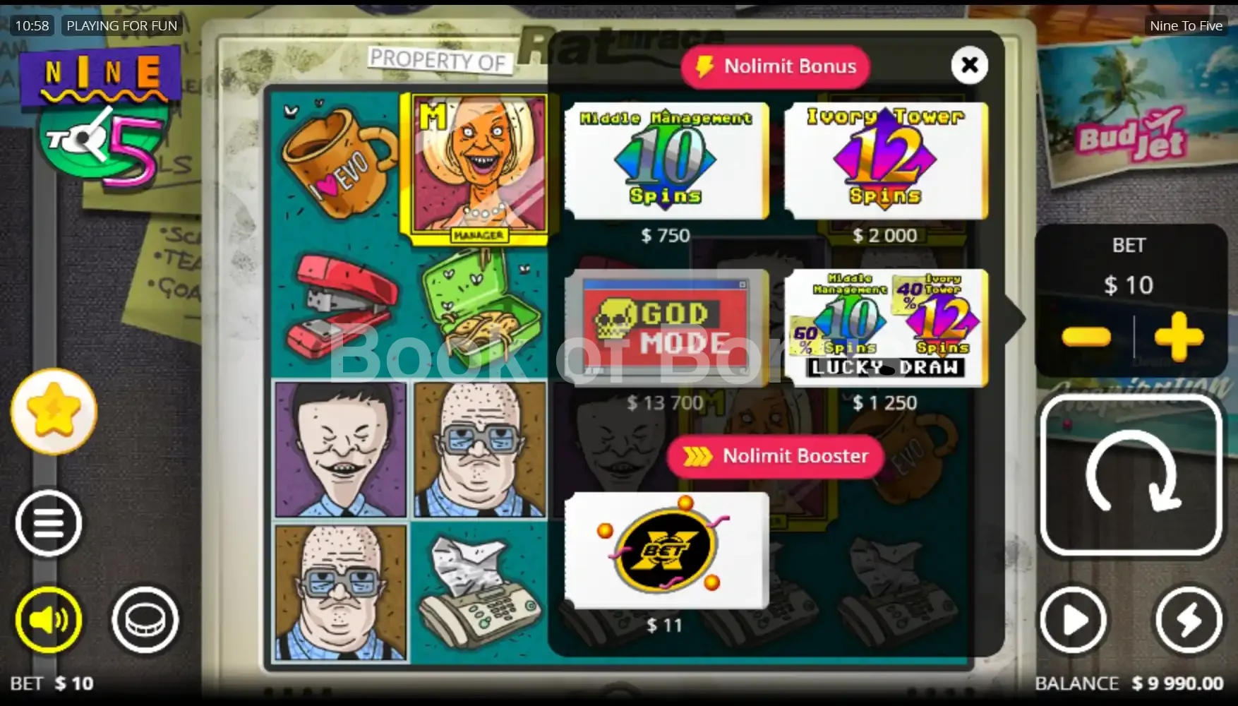 Nine To Five par Nolimit City - menu d'achat de bonus et options