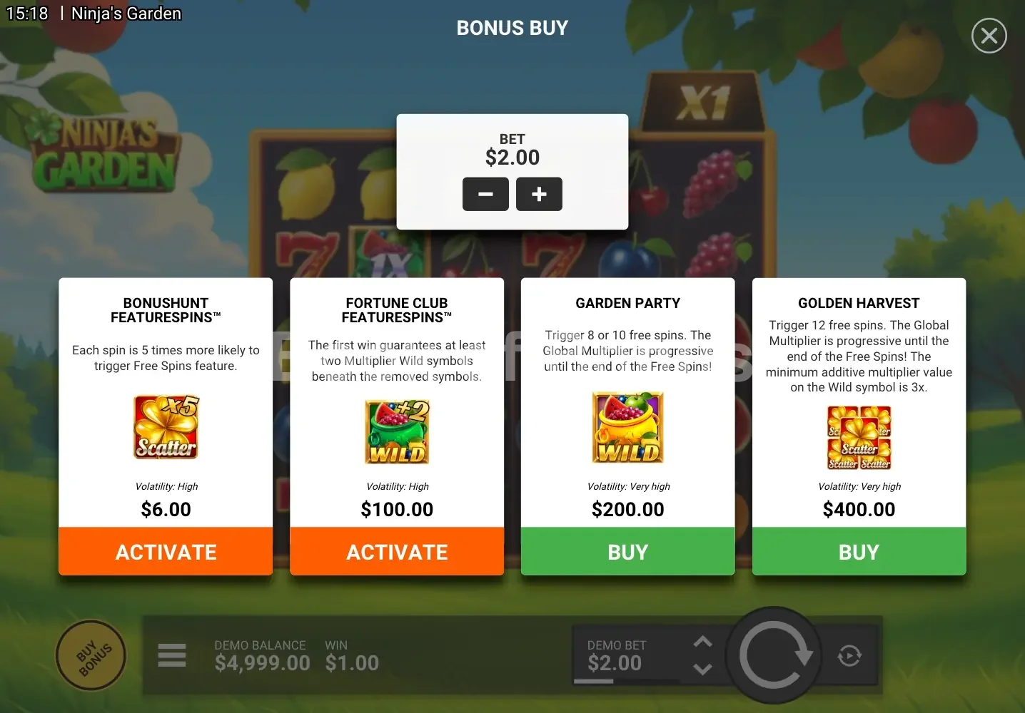 Ninja’s Garden par Hacksaw Gaming - menu d'achat de bonus et options