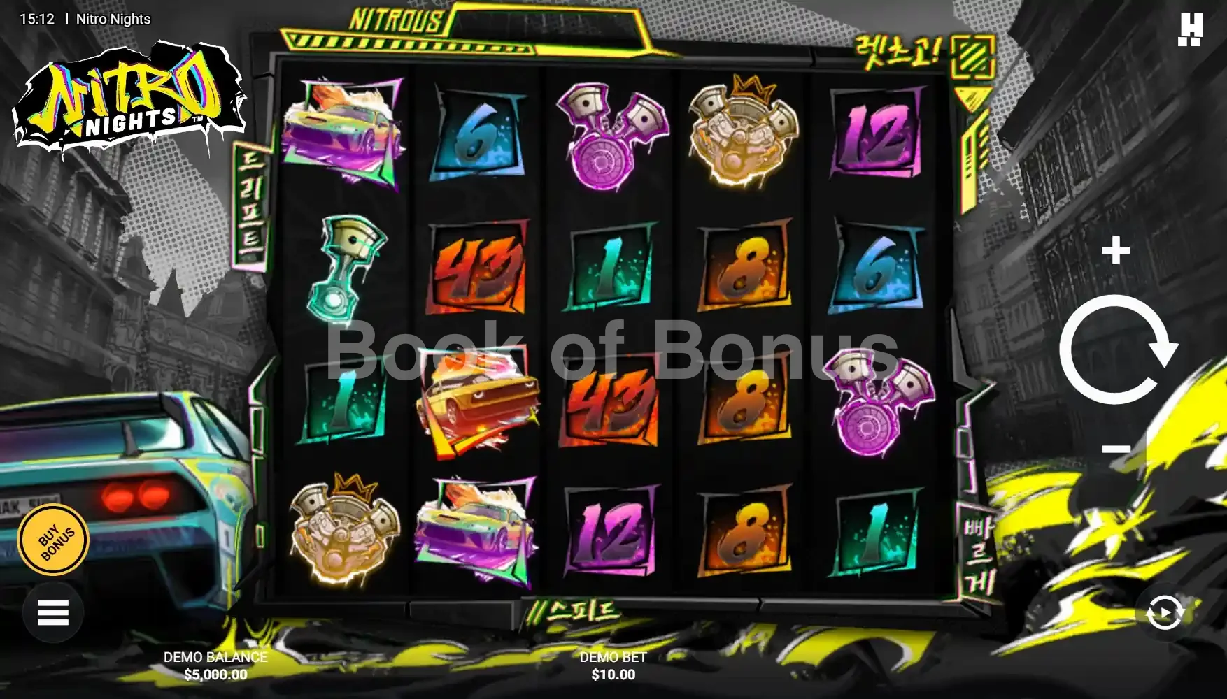 Nitro Nights par Hacksaw Gaming - jeu de base et disposition des rouleaux