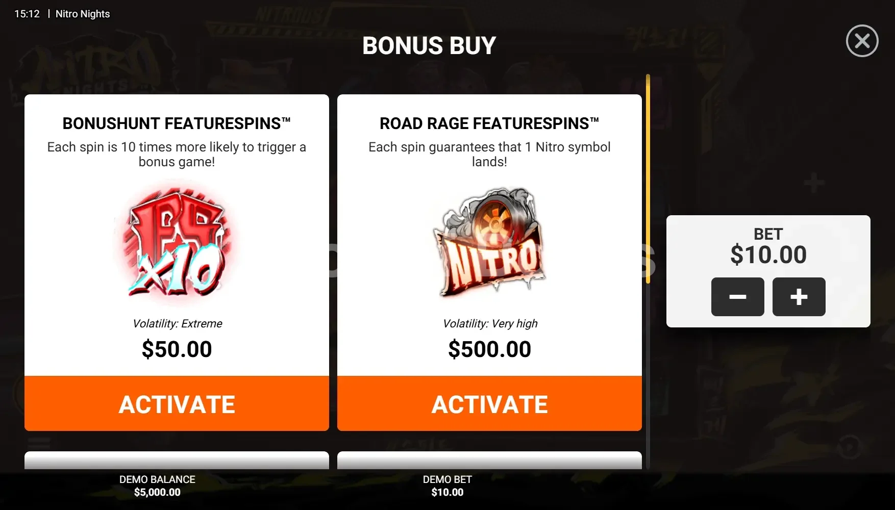 Nitro Nights par Hacksaw Gaming - menu d'achat de bonus et options