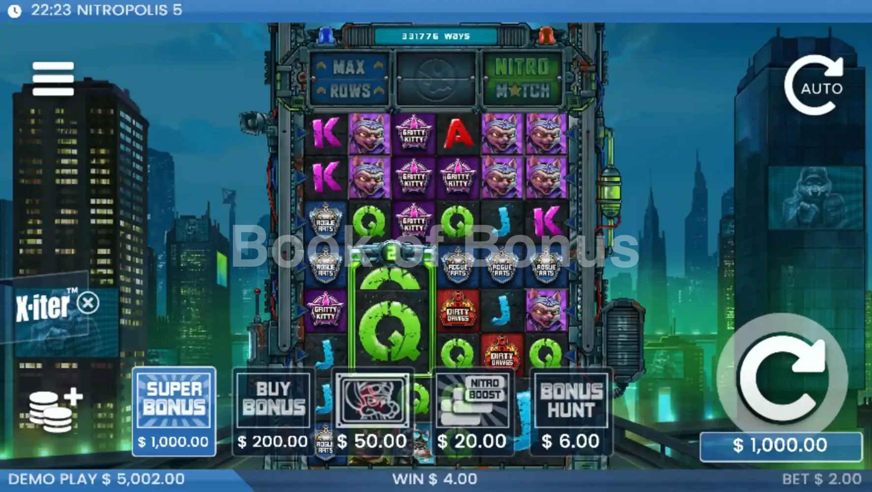 Nitropolis 5 par ELK Studios - menu d'achat de bonus et options