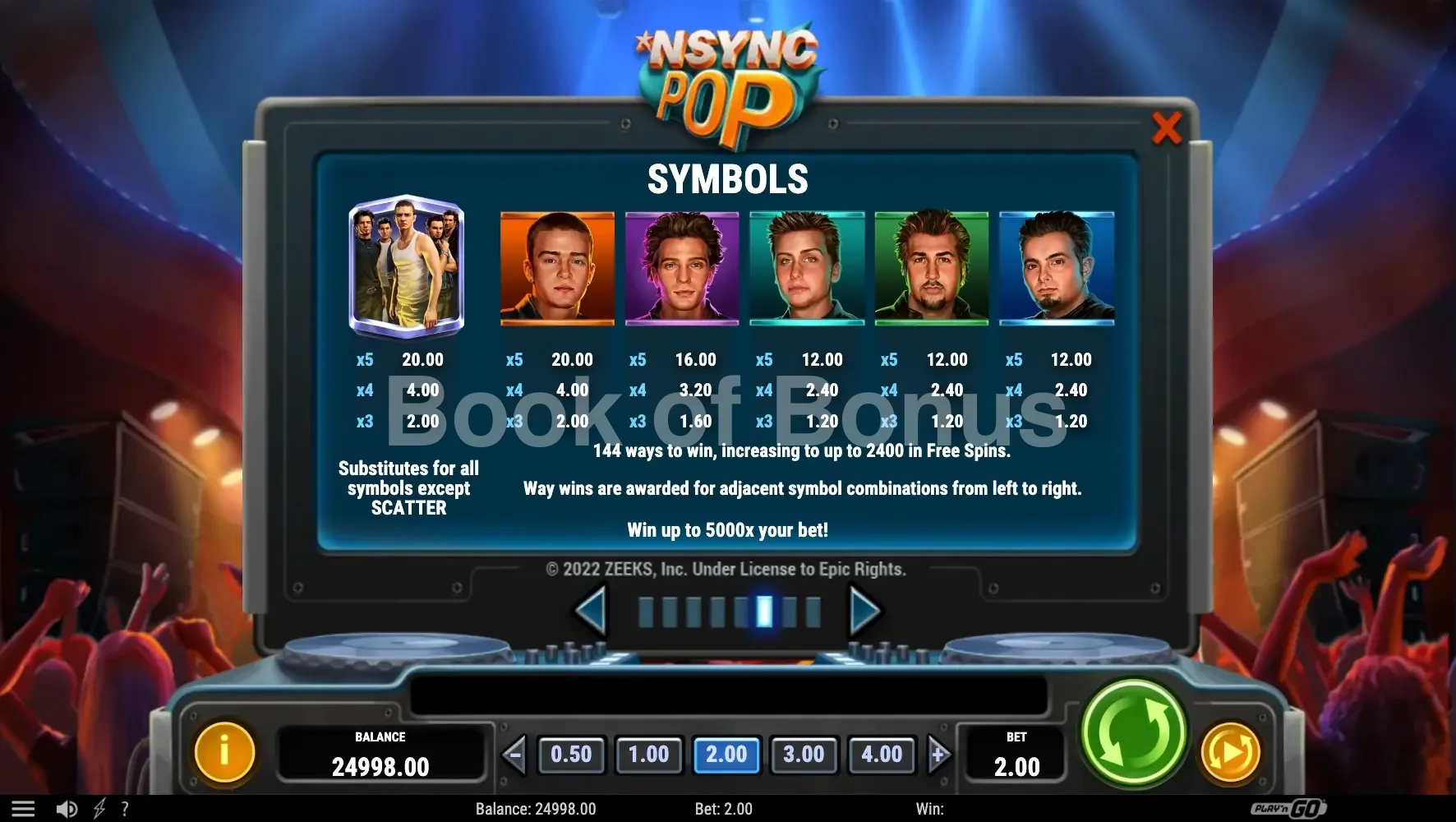 NSYNC POP par Play'n GO - table des gains et valeurs des symboles