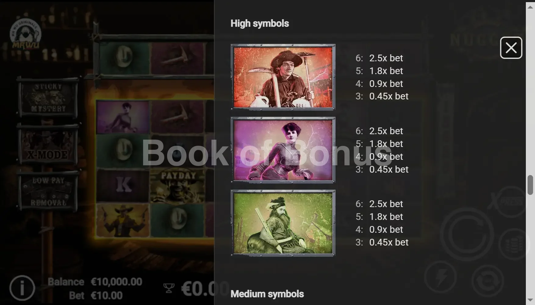 Nugget par Avatar UX - table des gains et valeurs des symboles