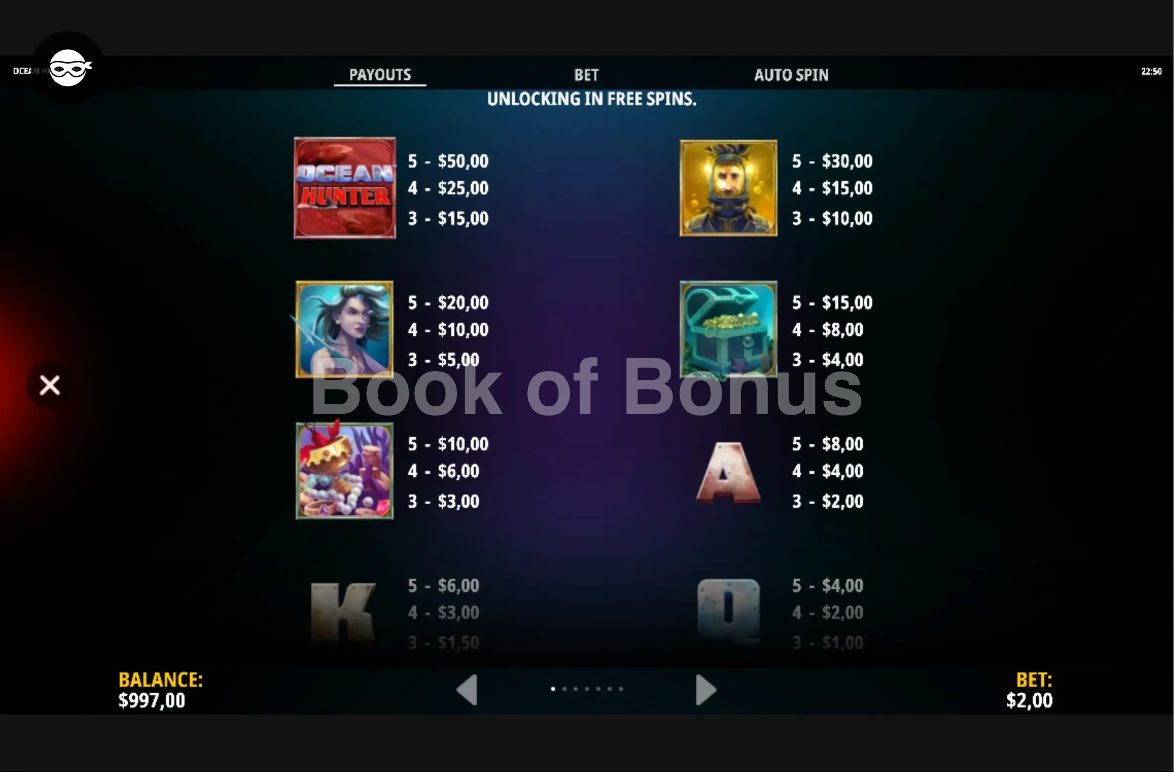 Ocean Hunter par iSoftBet - table des gains et valeurs des symboles