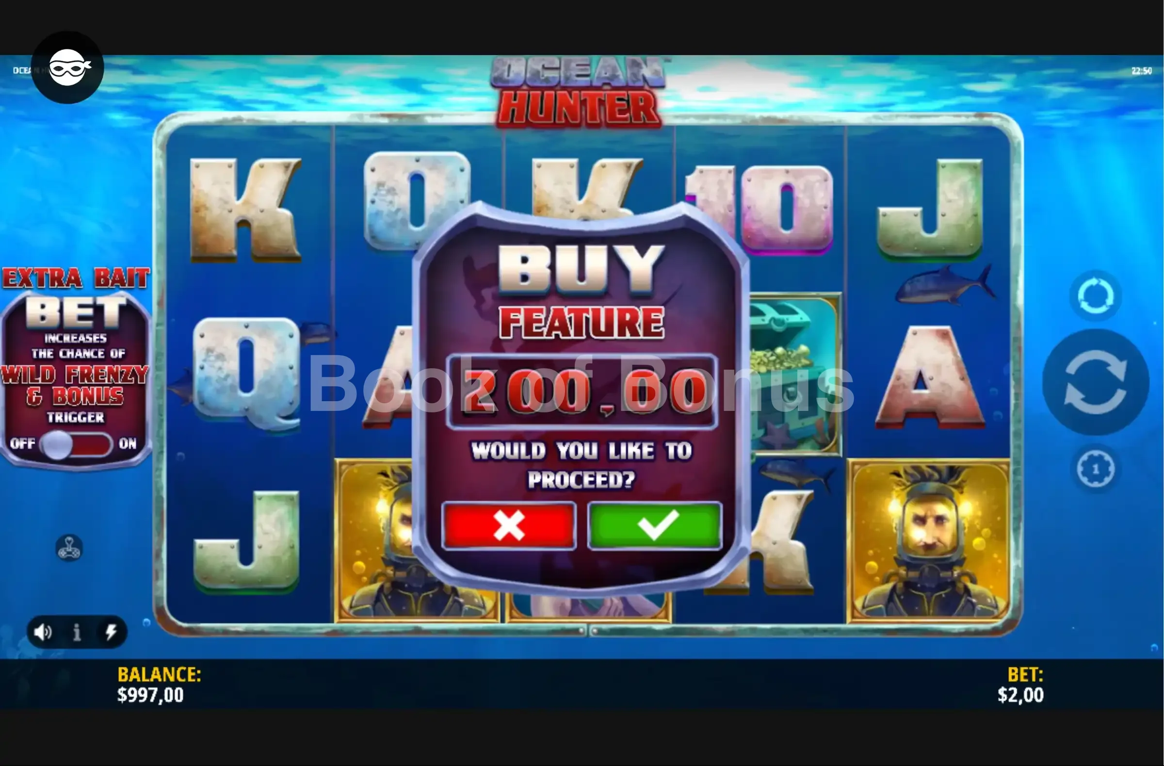 Ocean Hunter par iSoftBet - menu d'achat de bonus et options